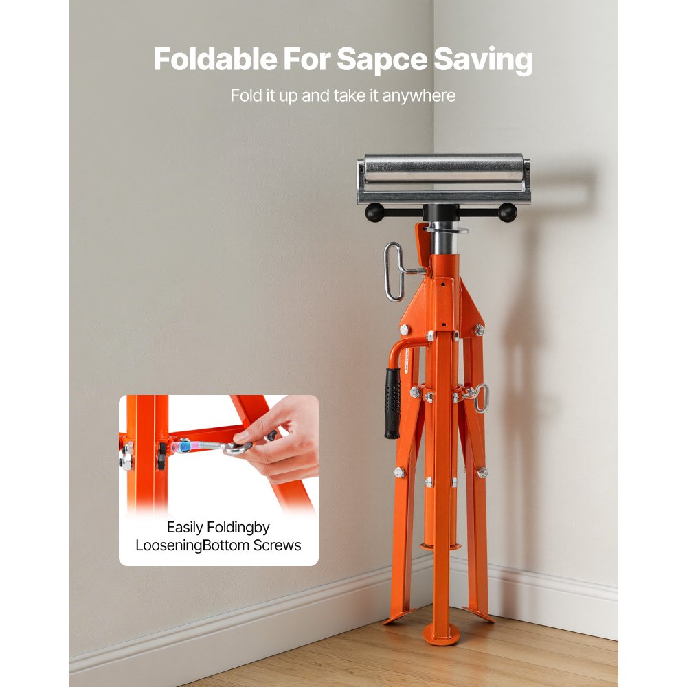 VEVOR Roller Stand, Heavy Duty 2500 LBS Load Capacity, 27.6"-52" Height Adjustable, 45# Steel Folding Roller Support Stand for Pipes, Wooden Boards