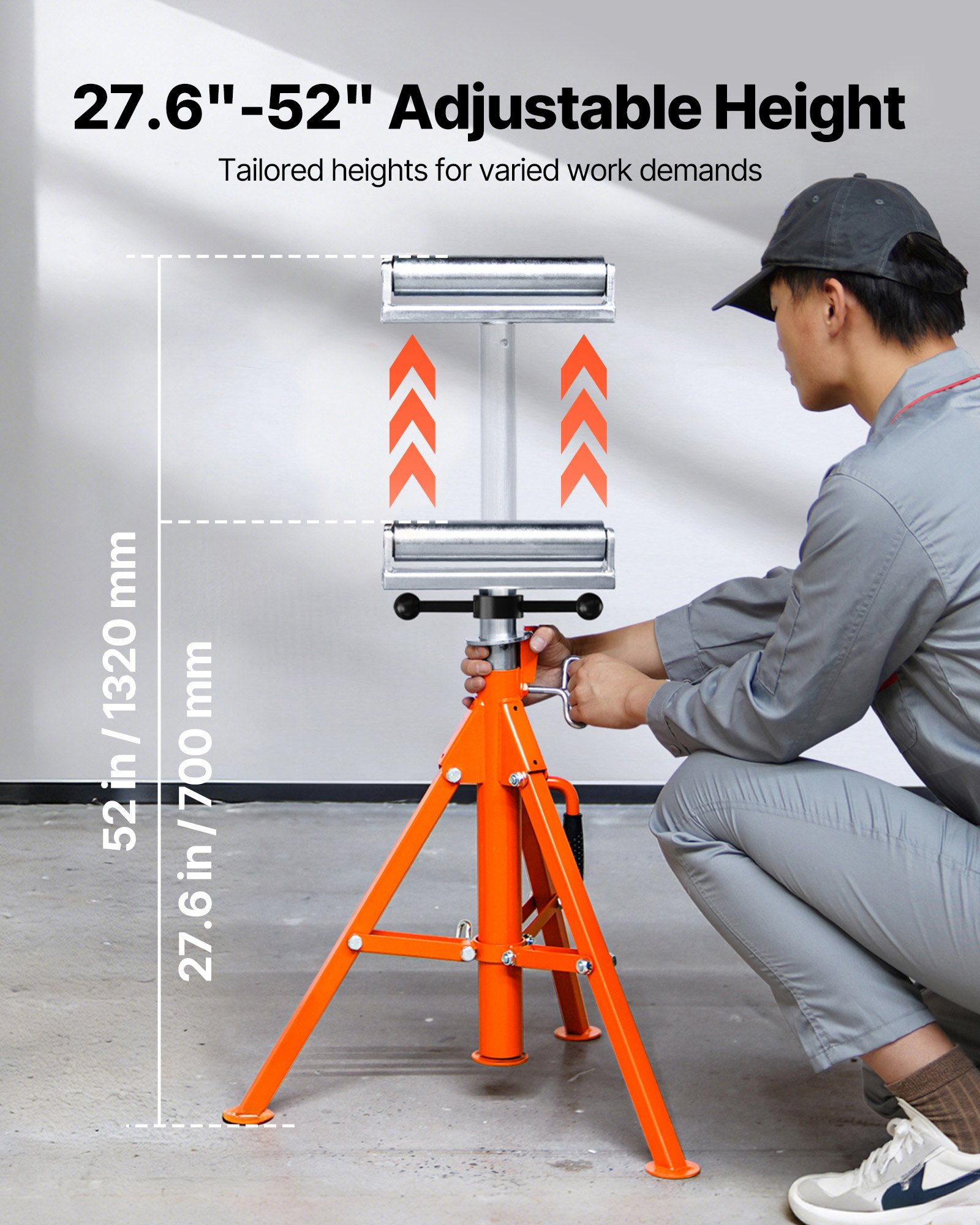 VEVOR Roller Stand, Heavy Duty 2500 LBS Load Capacity, 27.6"-52" Height Adjustable, 45# Steel Folding Roller Support Stand for Pipes, Wooden Boards