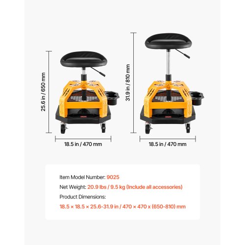 Rolbare Werkplaatskruk Pneumatische Garagestoel met 136 kg Draagvermogen, Hoogte Verstelbare Rolplankzitting 360° Draaibaar & Gevoerde Werkplaatsstoel met Wielen, voor Garage Werkplaats | NL
