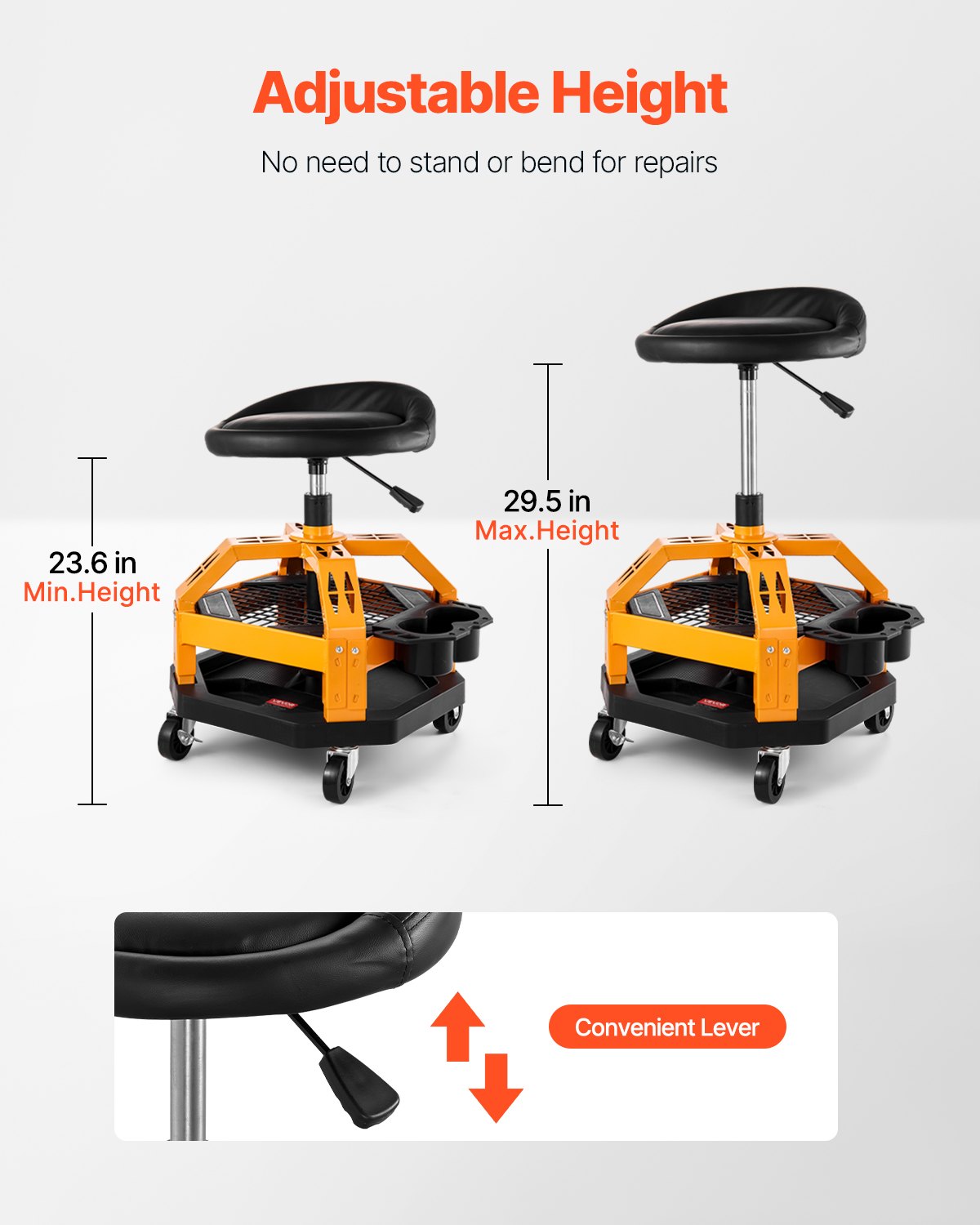 VEVOR Rolling Shop Stool, Heavy-Duty Pneumatic Garage Seat with 300 lbs Capacity, Adjustable Height Roller Creeper Seat, 360° Swivel Padded Workshop Stool with Casters, for Garage, Shop & Auto Repair