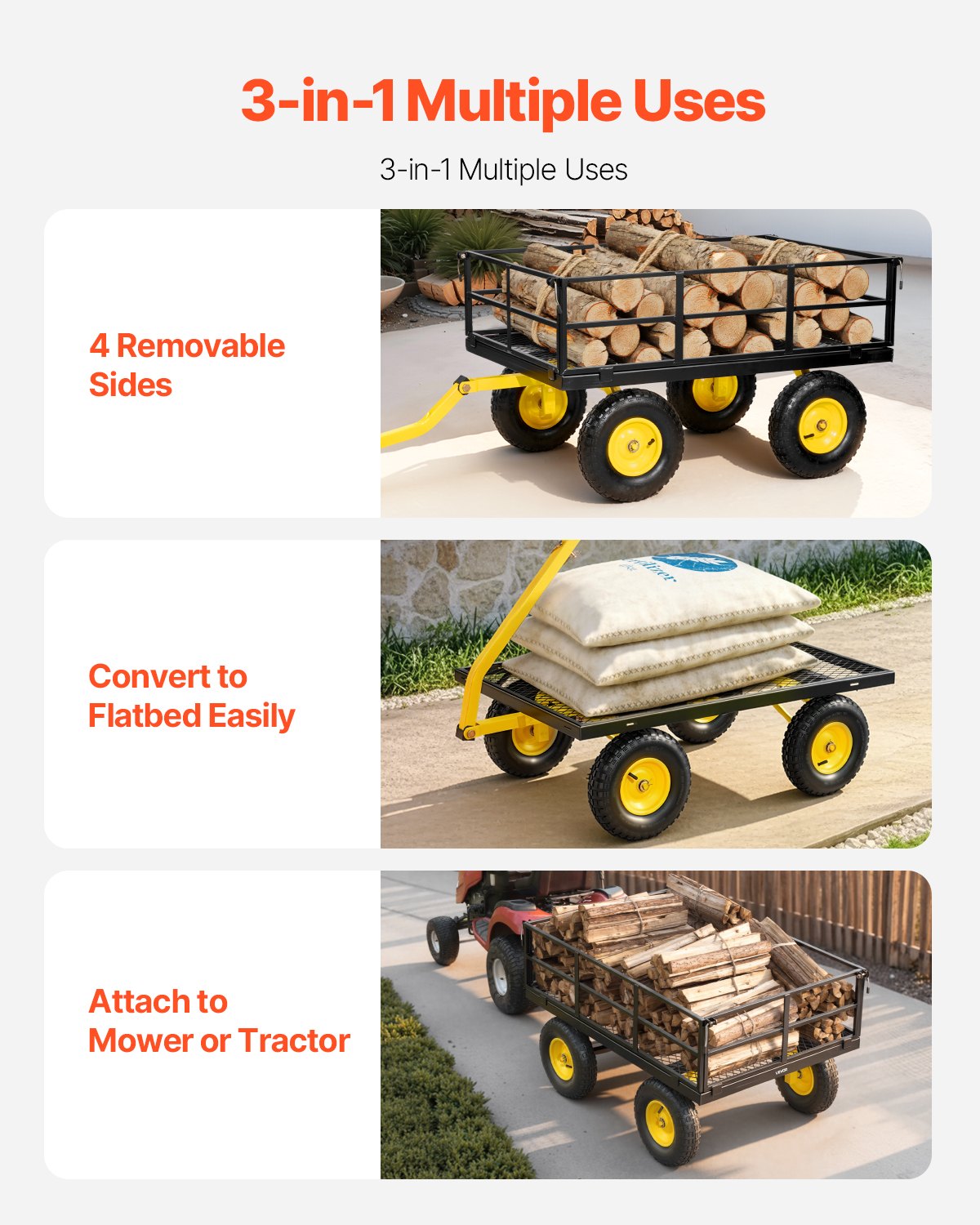 VEVOR-wagen 544,31 kg, transportwagen, tuinwagen, gereedschapswagen, 2-in-1 handwagen met all-terrain banden, afneembare zijpanelen van gaas en 180° draaibare handgreep, geel/zwart
