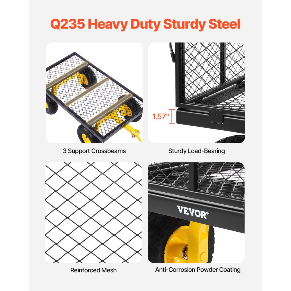 VEVOR handkar 965x560x535 mm, tuinkar, transportkar op wielen, gereedschapskar met banden en afneembare gaaswanden (om te bouwen tot een oplegger) en 180° draaibare handgreep