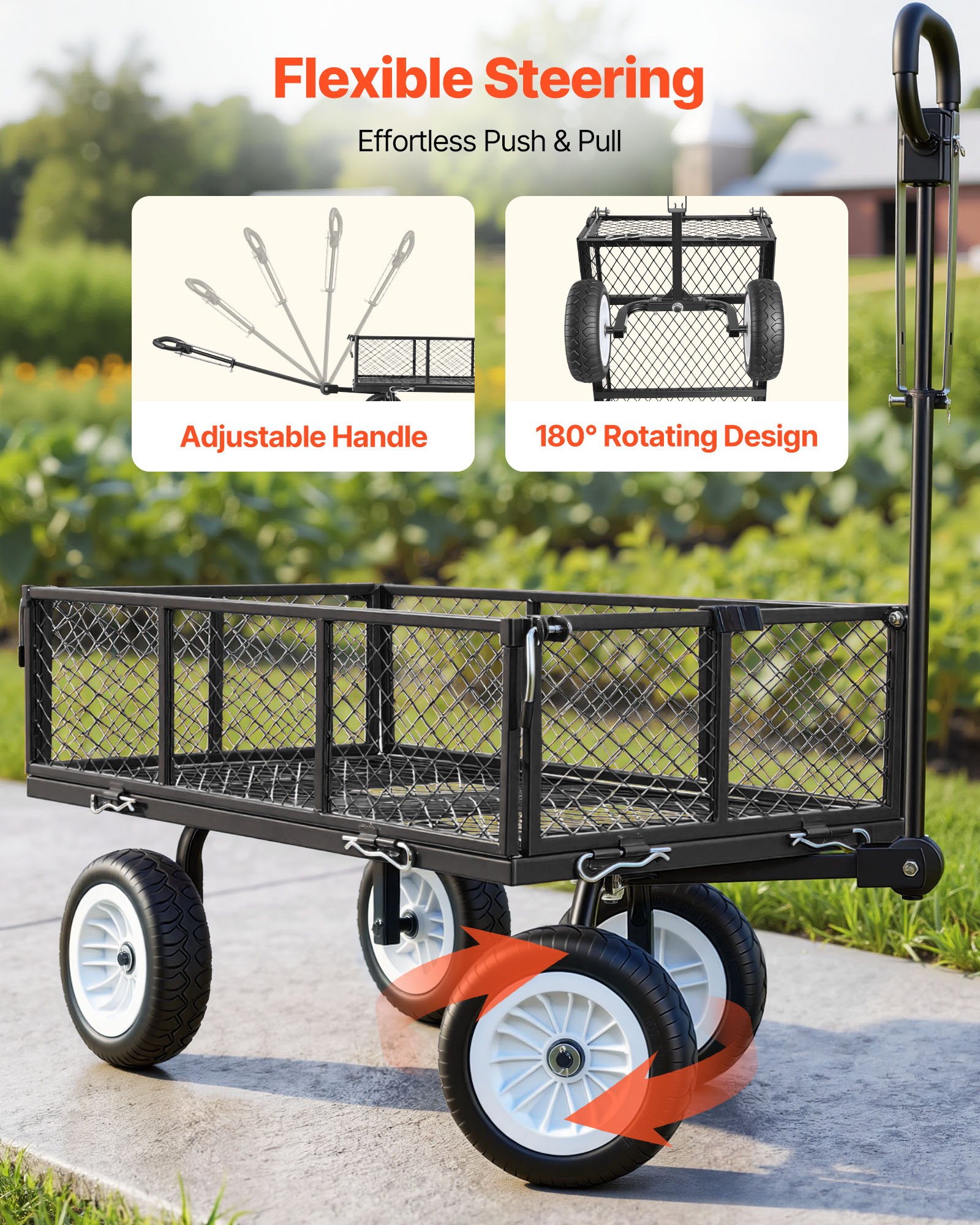 VEVOR-aanhangwagen, laadvermogen 408,2 kg, tuinkar met PU-banden, transportkar met verstelbare handgreep, afneembare zijpanelen, handkar voor bevestiging aan ATV of tractor, zwart