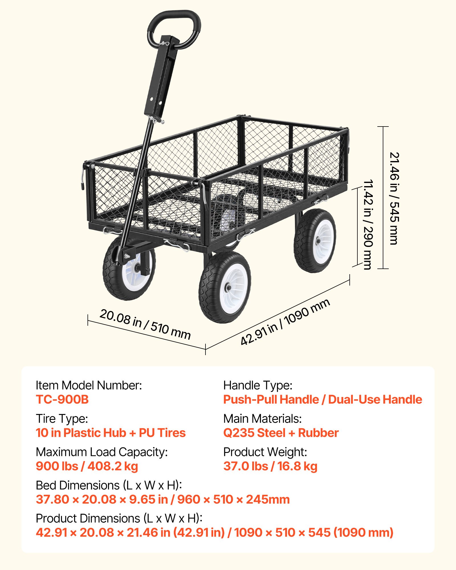 VEVOR-aanhangwagen, laadvermogen 408,2 kg, tuinkar met PU-banden, transportkar met verstelbare handgreep, afneembare zijpanelen, handkar voor bevestiging aan ATV of tractor, zwart