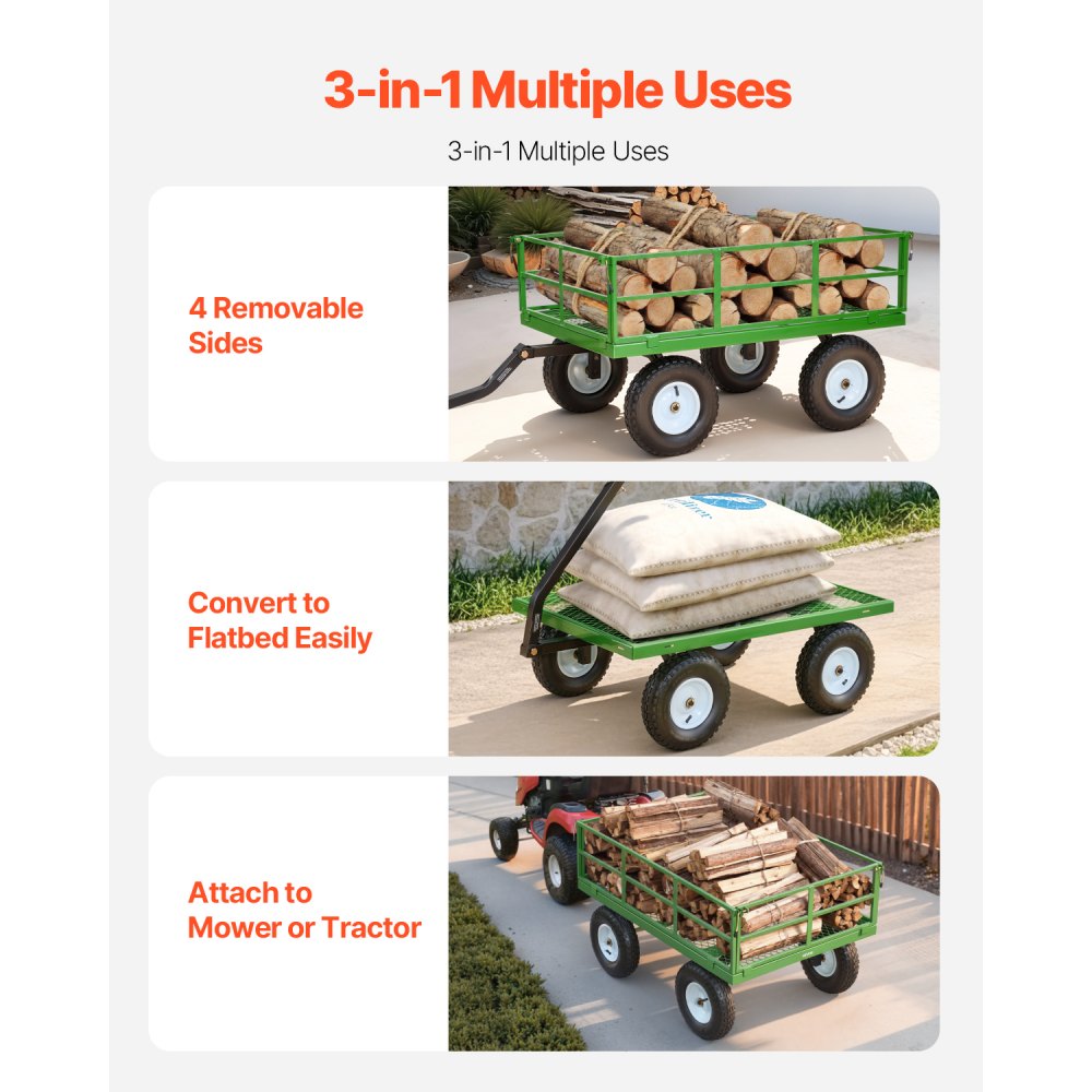 VEVOR-wagen 110x75x67 cm, transportwagen, tuinwagen, gereedschapswagen, 2-in-1 handwagen, met all-terrain banden, afneembare zijpanelen van gaas en 180° draaibare handgreep, groen/zwart