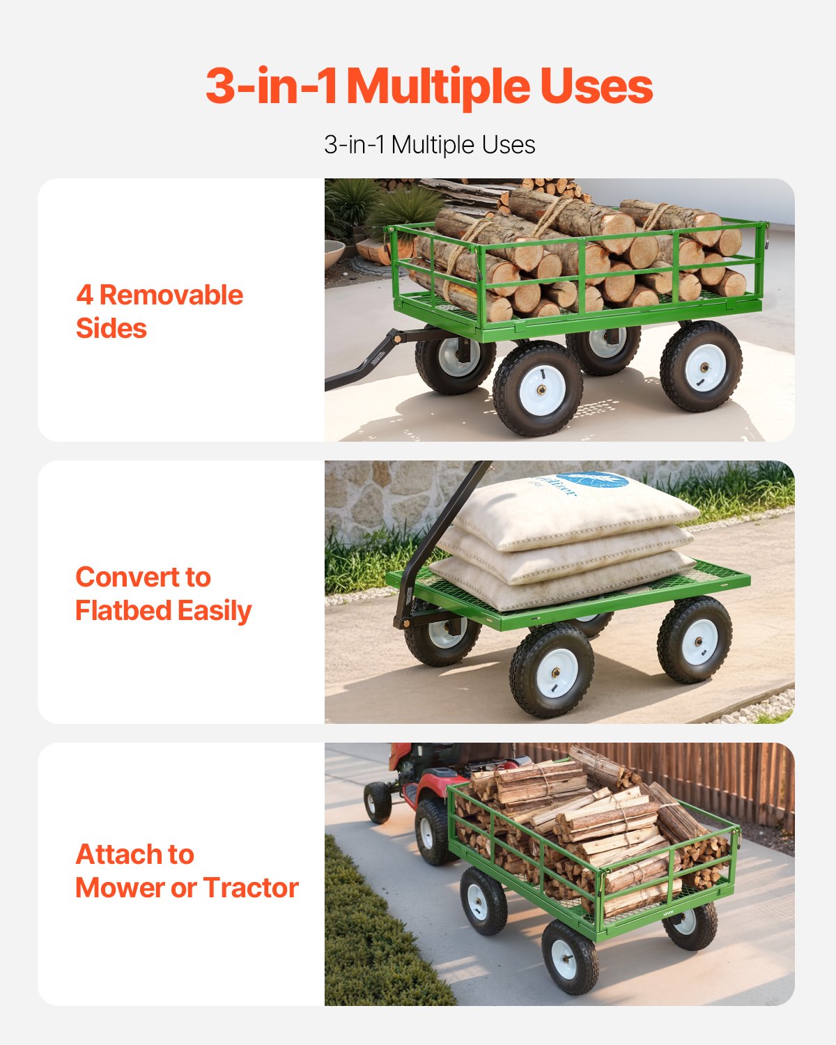 VEVOR-wagen 110x75x67 cm, transportwagen, tuinwagen, gereedschapswagen, 2-in-1 handwagen, met all-terrain banden, afneembare zijpanelen van gaas en 180° draaibare handgreep, groen/zwart