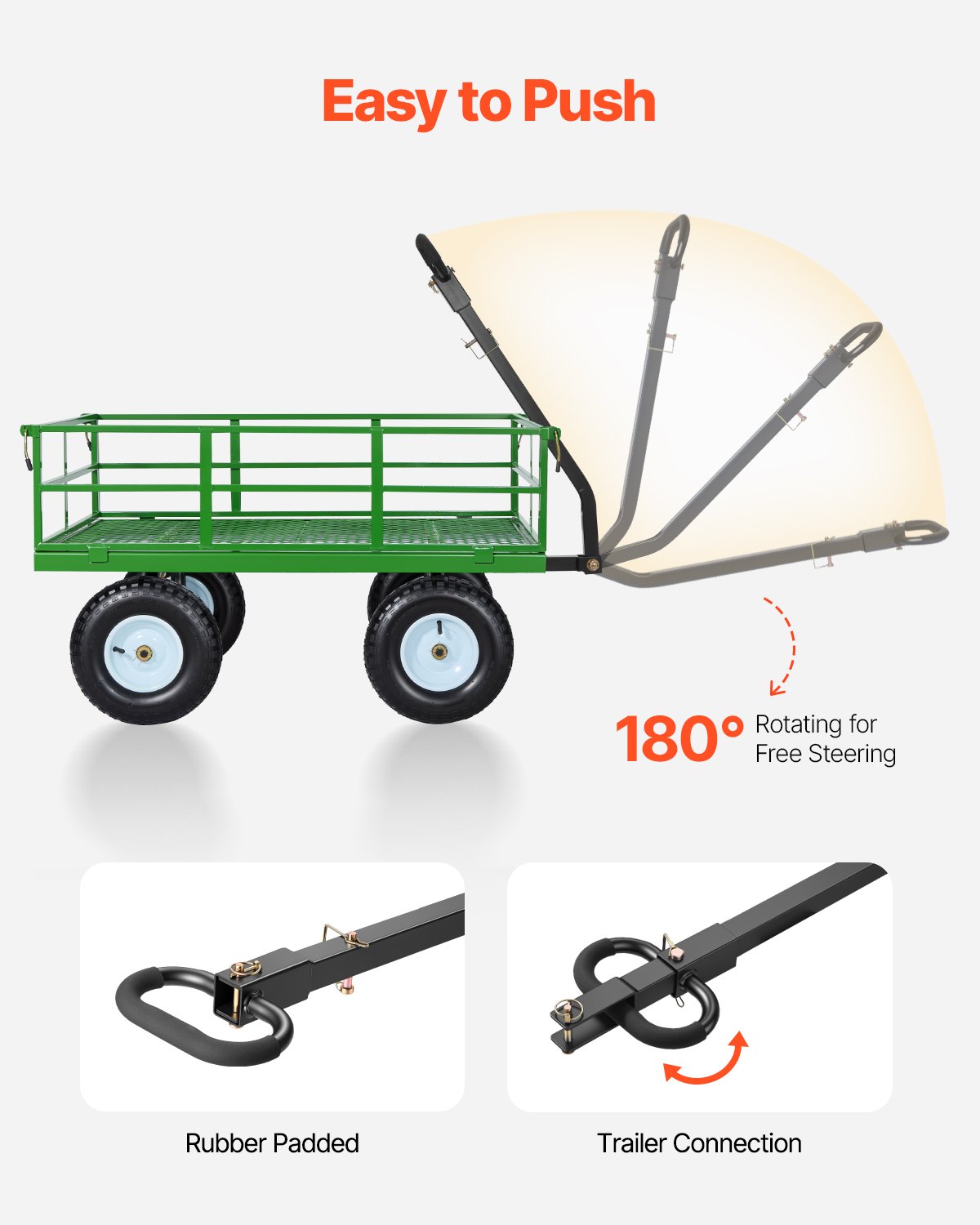 VEVOR-wagen 110x75x67 cm, transportwagen, tuinwagen, gereedschapswagen, 2-in-1 handwagen, met all-terrain banden, afneembare zijpanelen van gaas en 180° draaibare handgreep, groen/zwart