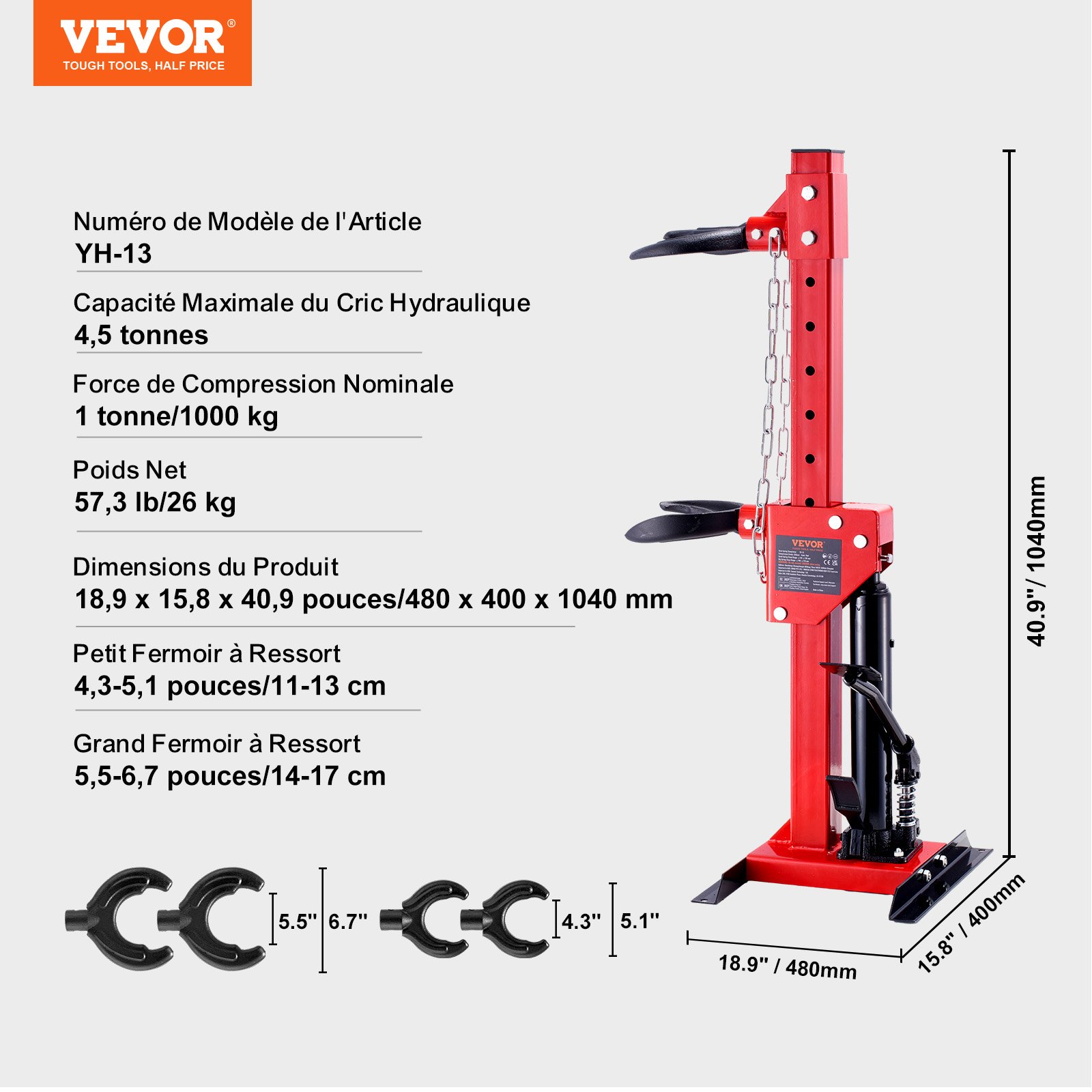 VEVOR 4,5 ton hydraulische veerpomp voor auto's, 1 ton nominaal krachtkracht, veerpootcompressor voor 11-13 cm en 14-17 cm veerpoten met lekvrije hydraulische pomp