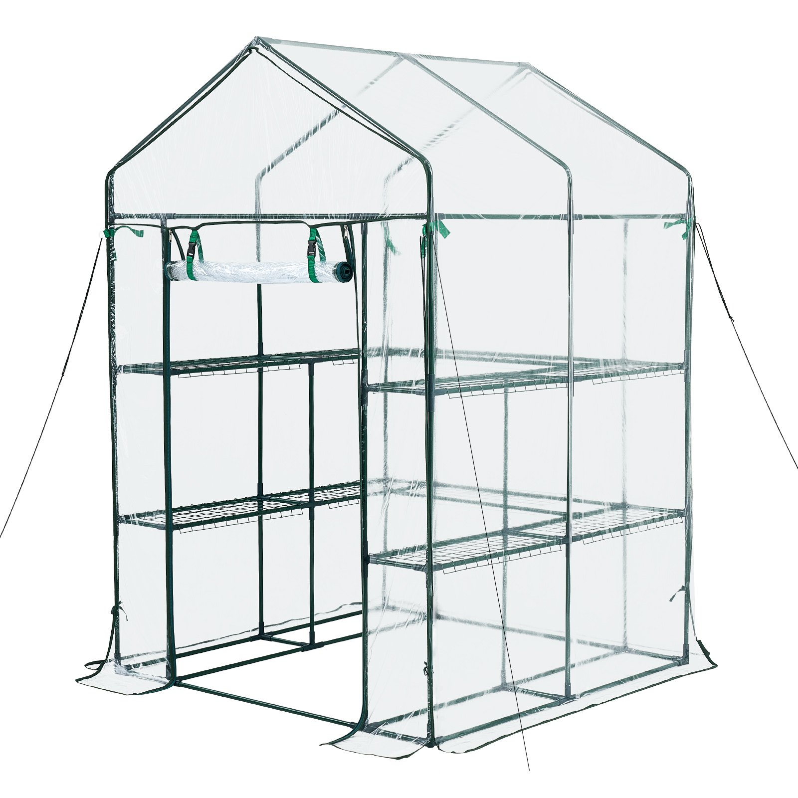VEVOR Kas 137x137x196 cm, Foliekas, Tomatenkas, Tomatenkas met PVC-hoes, 2 verdiepingen, 10 schappen, Roldeur met ritssluiting, Buitenkas