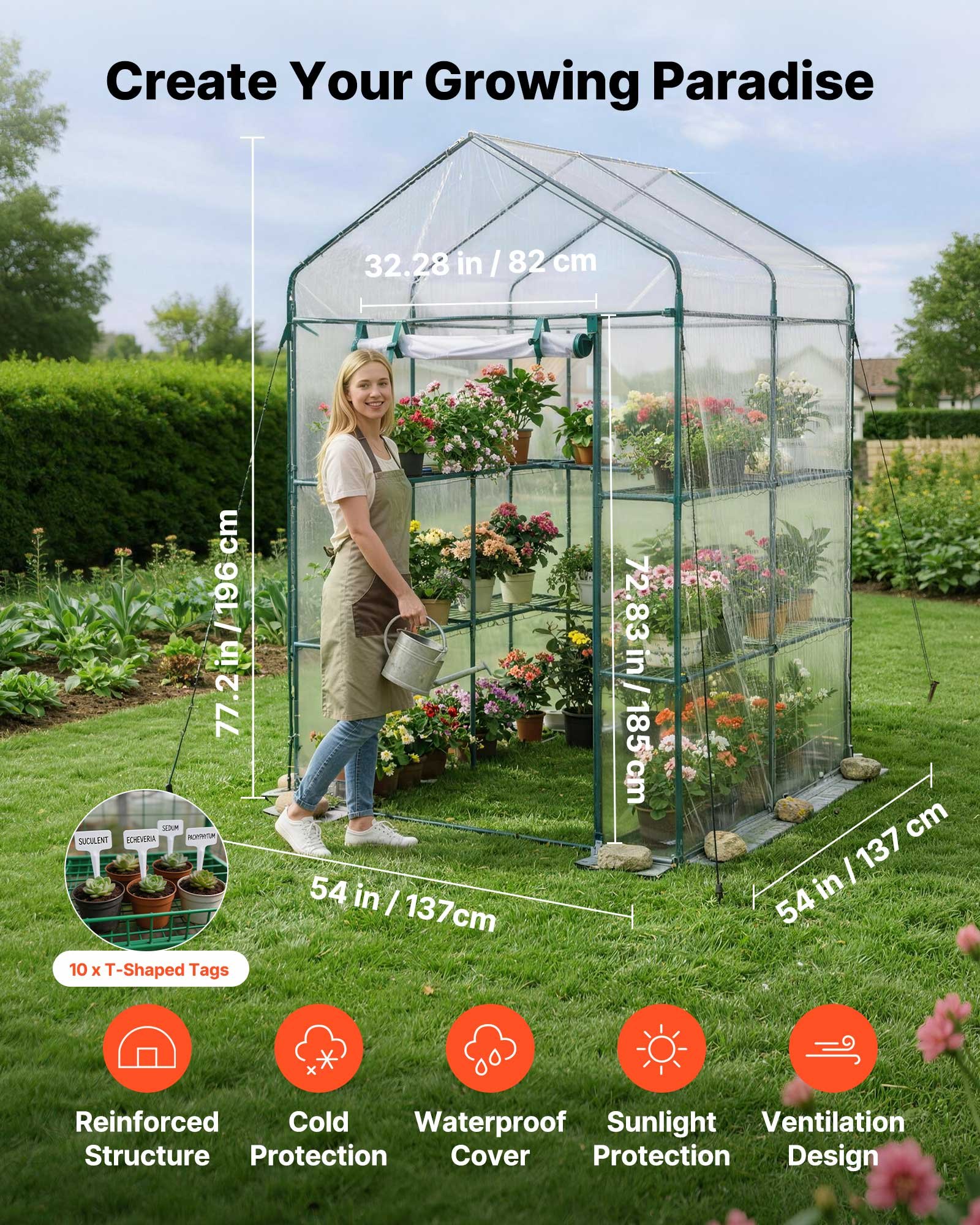VEVOR Kas 137x137x196 cm, Foliekas, Tomatenkas, Tomatenkas met PVC-hoes, 2 verdiepingen, 10 schappen, Roldeur met ritssluiting, Buitenkas