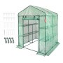 VEVOR walk-in greenhouse with shelves, green cover, and included accessories (stakes, ropes, ties).