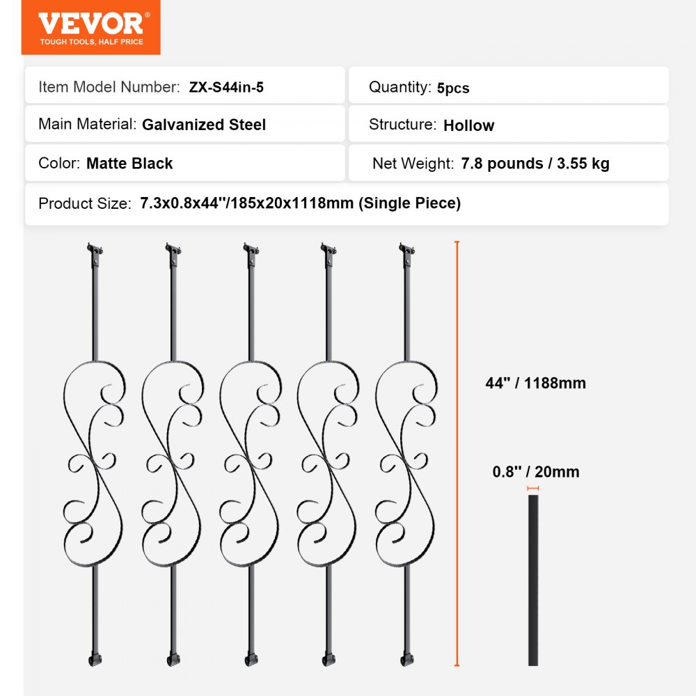 VEVOR trapleuningroede, poortroede, decoratieve roede, hekwerkroede, gegalvaniseerd staal 185 x 20 x 1118 mm, balusters, traproede, trapsporten, mat zwart, ideaal voor trappen en leuningen binnenshuis