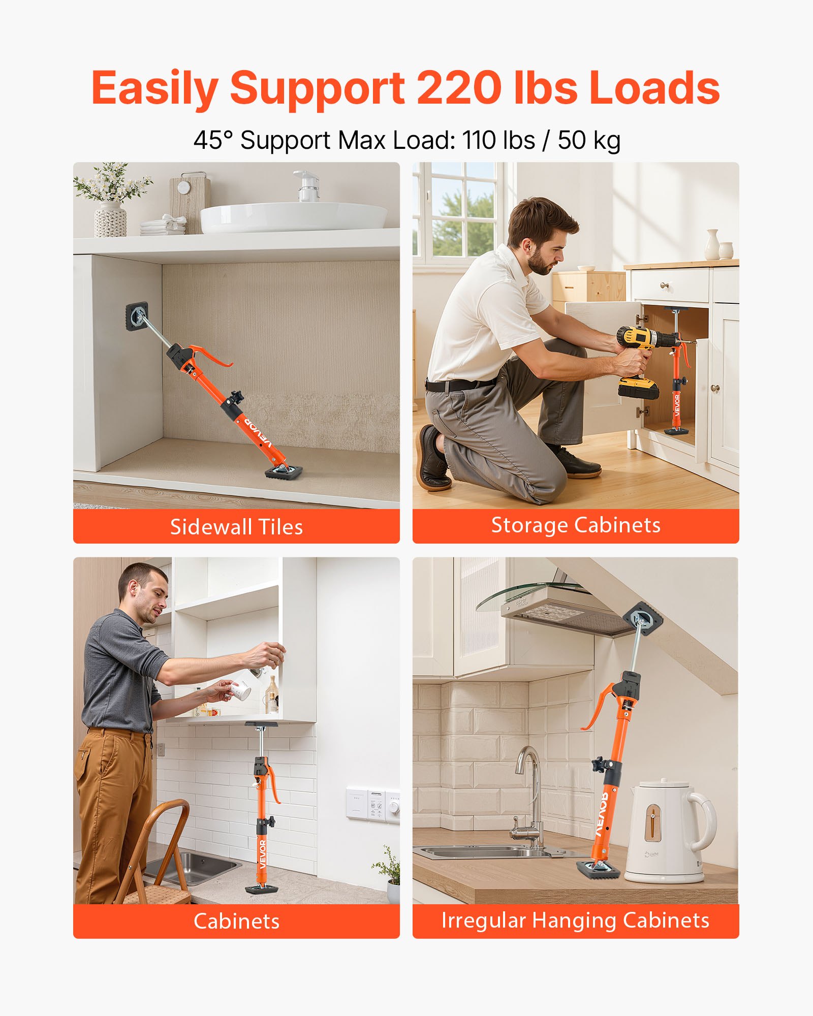 VEVOR Eenhandige Ondersteuning, 2-Pack, Plafondondersteuning 40-60cm, Telescopische Stalen Ondersteuning, Montage Ondersteuning tot 100kg Capaciteit voor het Installeren van Kasten, Het Optillen van Gipsplaten, Vrachtpalen