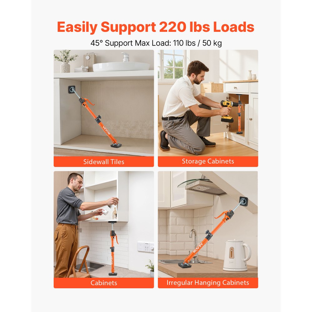 VEVOR Eenhandige Steunkrik, 2-pack, Plafondsteunkrik 48-75cm, Telescopische Stalen Steunkrik, Montagesteun tot 100kg draagvermogen voor het installeren van kasten, het tillen van gipsplaten, vrachtpalen
