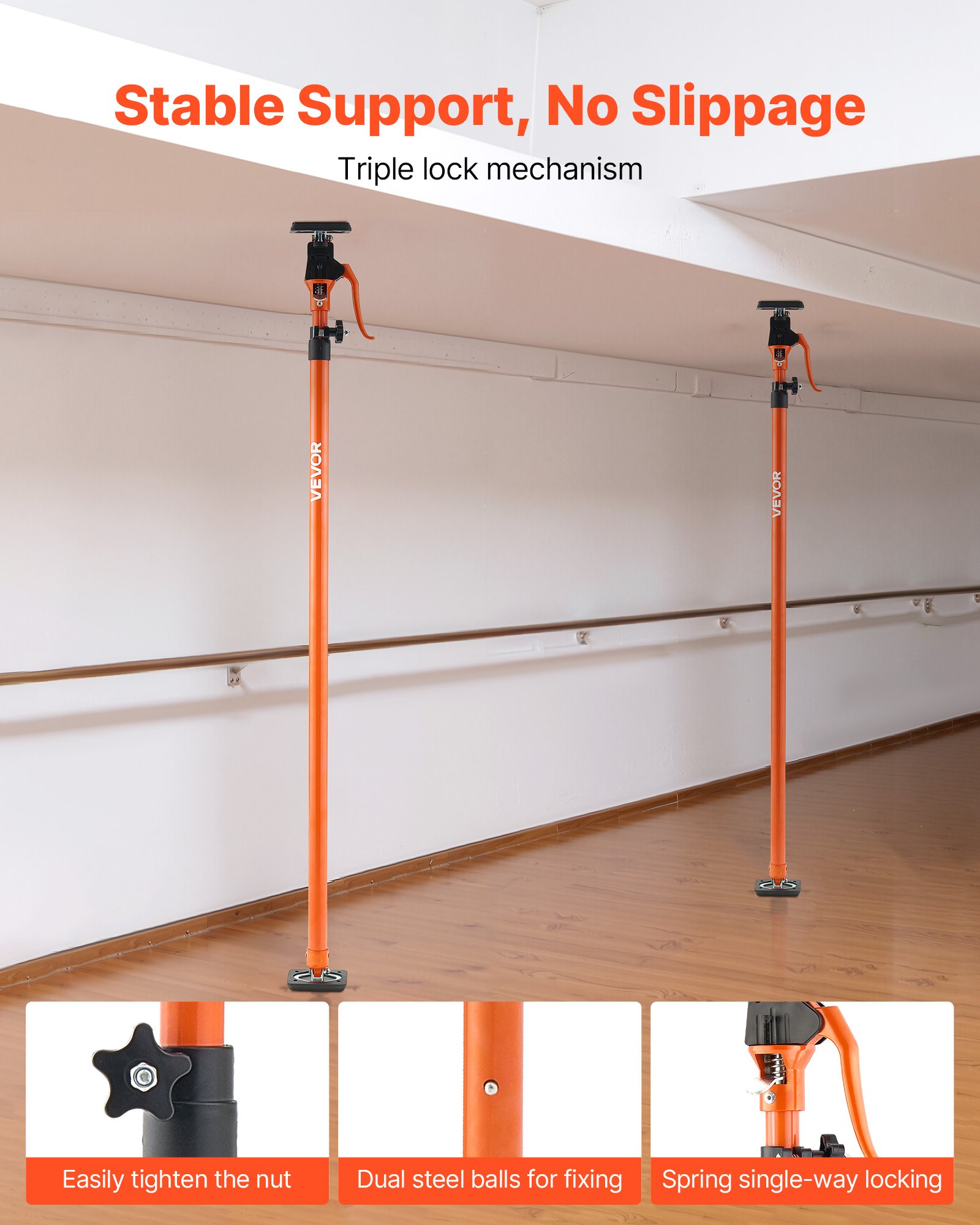 VEVOR Eenhandige steun, 4 stuks, plafondsteun 125–291 cm, telescopische stalen steun, montagesteun met een draagvermogen tot 90 kg voor het installeren van kasten, het tillen van gipsplaten en het optillen van ladingstangen.