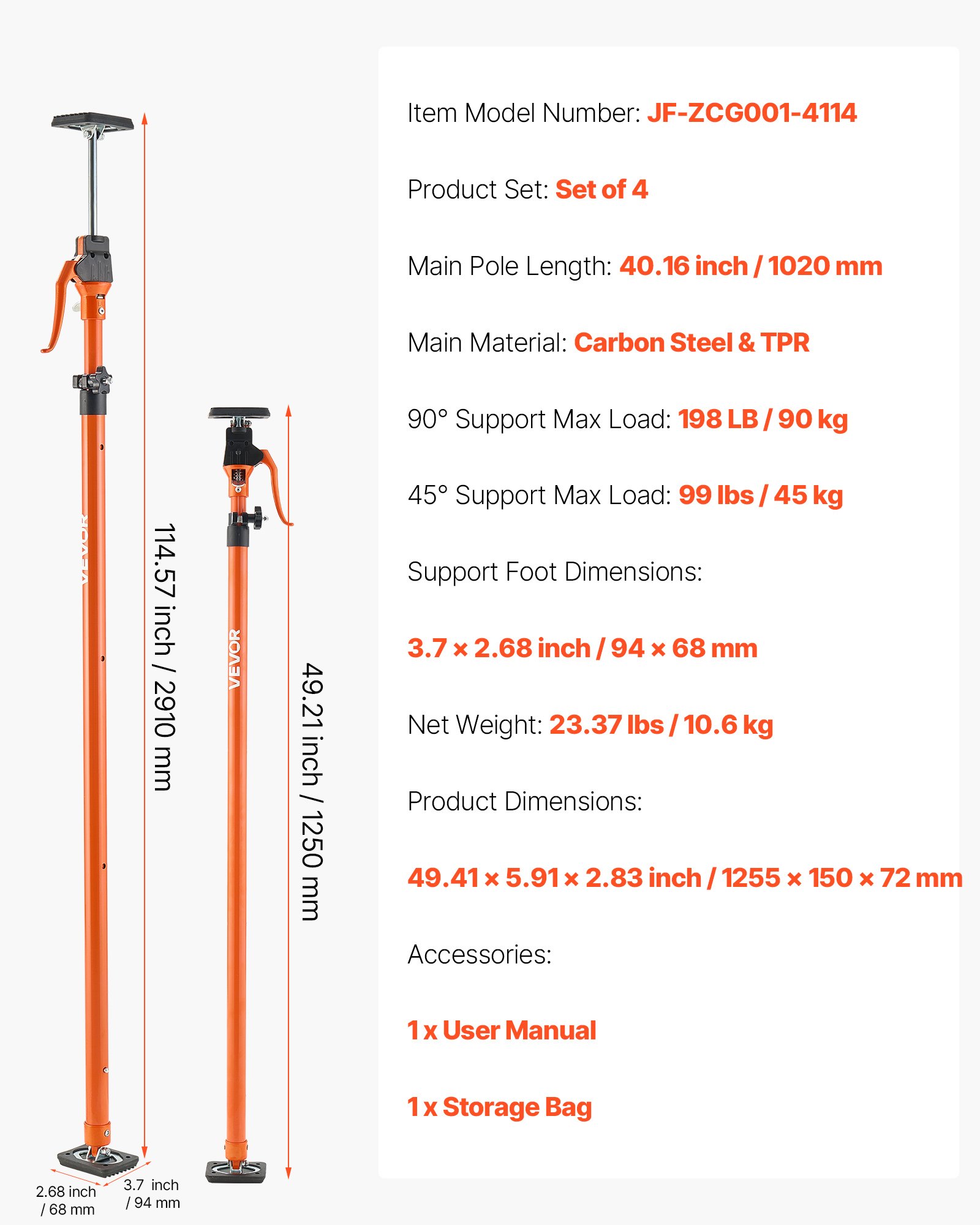 VEVOR Eenhandige steun, 4 stuks, plafondsteun 125–291 cm, telescopische stalen steun, montagesteun met een draagvermogen tot 90 kg voor het installeren van kasten, het tillen van gipsplaten en het optillen van ladingstangen.
