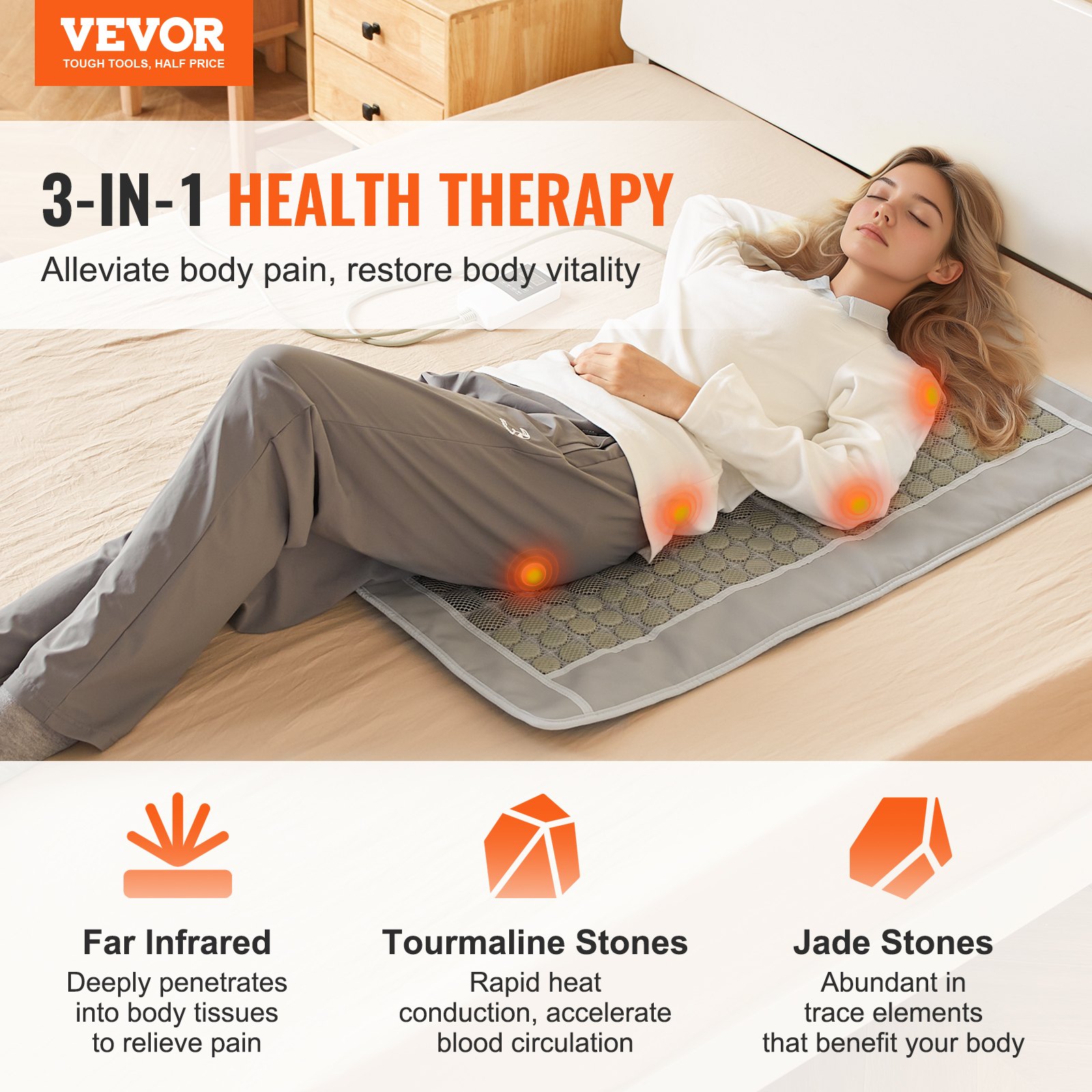 VEVOR Far Infrared Heating Pad, 132 Natural Jade & 54 Tourmaline Stones Heating Pad for Full Back Pain Relief, 103-159 ℉ Heating Pad with Smart Controller & Auto Shut Off (Medium Size 39.4" x 21.7")