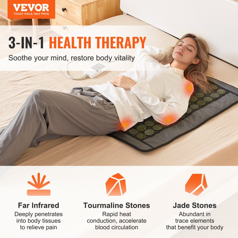 VEVOR Far Infrared Heating Pad, 48 Natural Jade & 24 Tourmaline Stone Heating Pad for Back Pain Relief, 103-159 ℉ Infrared Heating Pad with Smart Controller & Auto Shut Off (Medium Size 31.7" x 22")