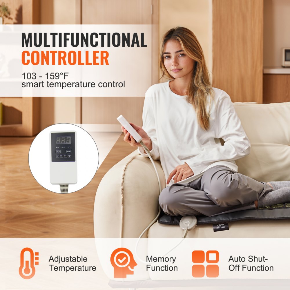 VEVOR Far Infrared Heating Pad, 48 Natural Jade & 24 Tourmaline Stone Heating Pad for Back Pain Relief, 103-159 ℉ Infrared Heating Pad with Smart Controller & Auto Shut Off (Medium Size 31.7" x 22")