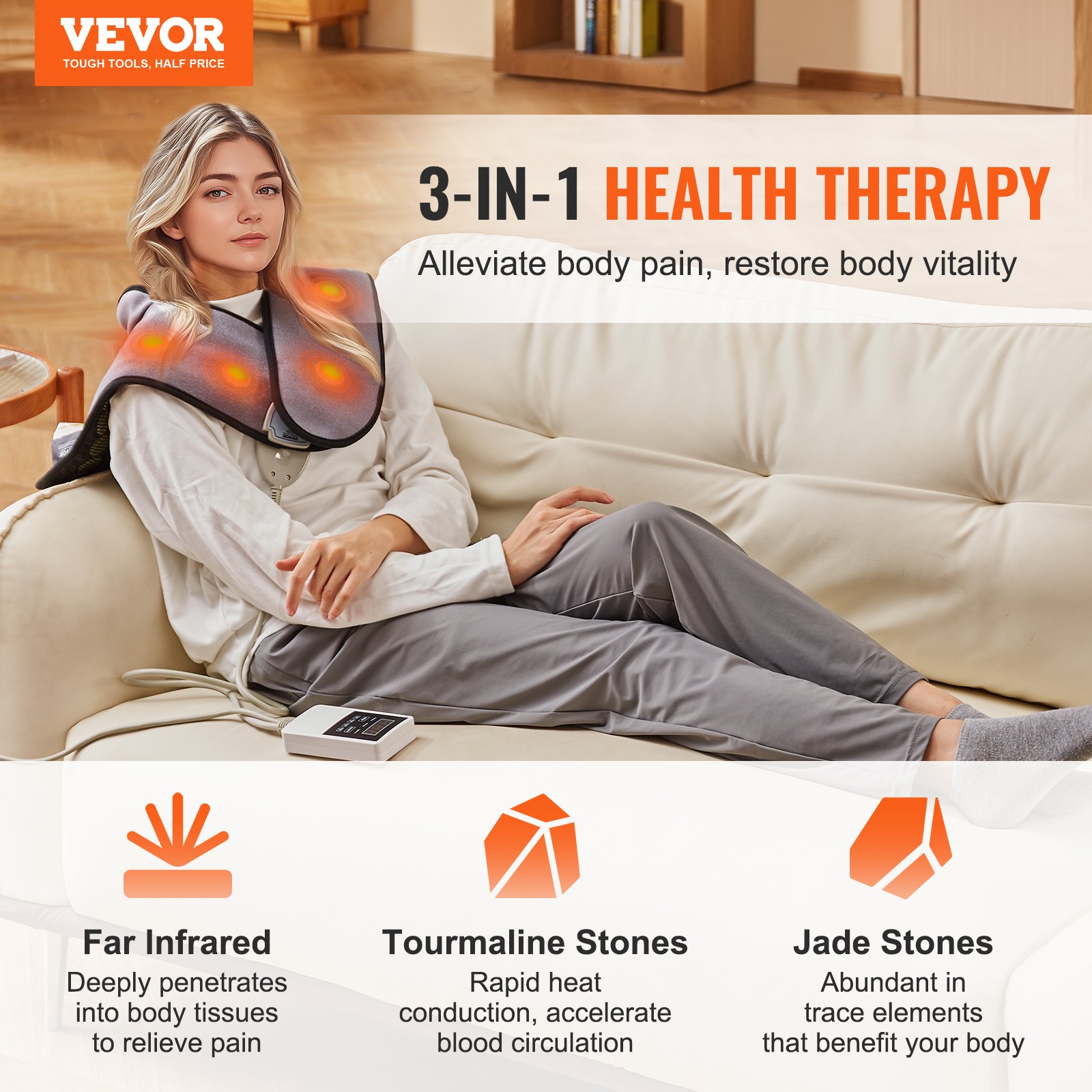 VEVOR Far Infrared Heating Pad, 54 Natural Jade & 30 Tourmaline Stones Heating Pad for Neck & Shoulder Pain Relief, 103 - 159 ℉ Heating Pad with Smart Controller & Auto-Off, Ideal Gift for Mom Dad