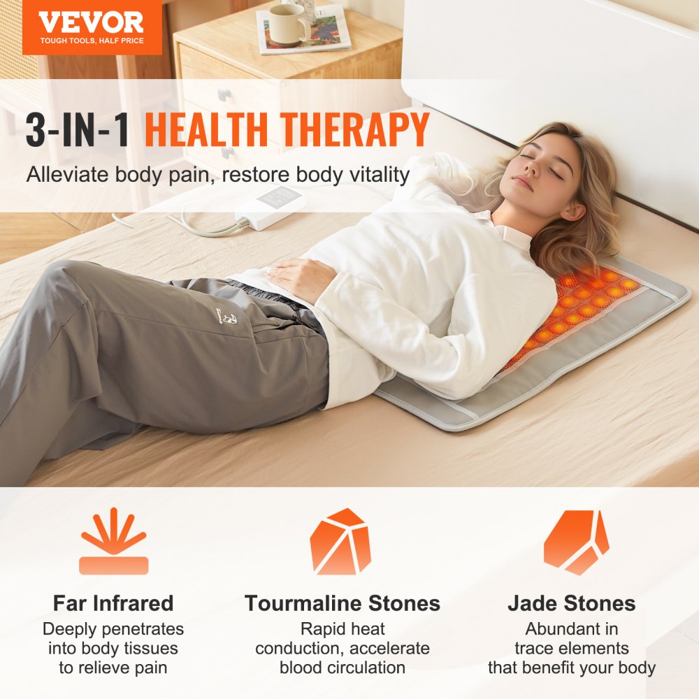 VEVOR Far Infrared Heating Pad, 52 Natural Jade & 20 Tourmaline Stone Heating Pad for Back Pain Relief, 103-159 ℉ Infrared Heating Pad with Smart Controller & Auto Shut Off (Medium Size 23.9"x15.8")