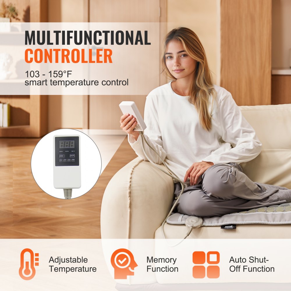 VEVOR Far Infrared Heating Pad, 52 Natural Jade & 20 Tourmaline Stone Heating Pad for Back Pain Relief, 103-159 ℉ Infrared Heating Pad with Smart Controller & Auto Shut Off (Medium Size 23.9"x15.8")