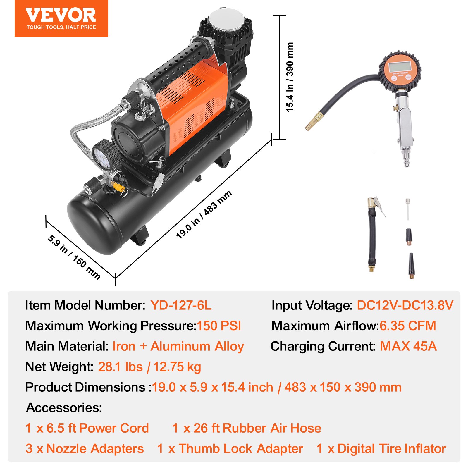 VEVOR 12V Heavy-Duty luchtcompressor met 6L tankkit, draagbare 6,35CFM bandenpomp, 150PSI off-road luchtcompressor met digitale drukmeter, bandenpomp voor vrachtwagens, auto's, SUV's, 4x4's en campers