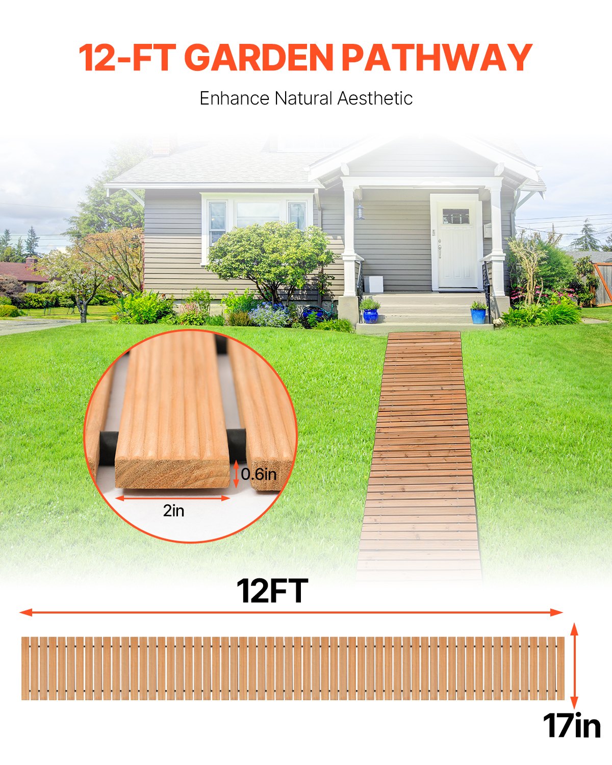 VEVOR Wooden Garden Pathway, 12 ft L x 17 in W, Non-Slip Straight Garden Walkway, Roll Out Cedar Outdoor Walkway Path with Wire Rope Connection, Decorative Garden Paver for Backyard Wedding Party