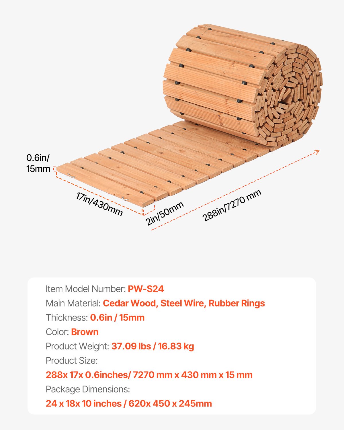 VEVOR Tuinpad Uitrolbaar Looppad, 727x43 cm, Uitrolbaar Houten Pad, Buitenpad van Cederhout met Staalkabelverbinding, Tuintrap, Decoratief Houten Pad, Stapstenen in de Tuin, Achtertuin, Terras