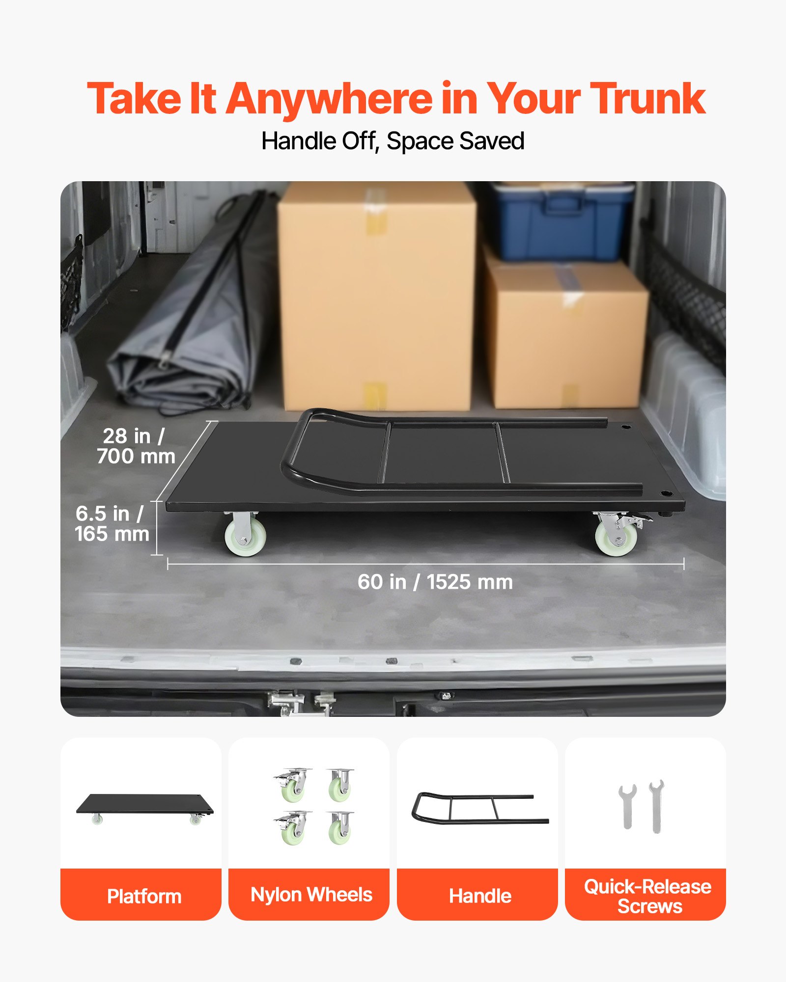 VEVOR opvouwbare platformwagen 907 kg, transportwagen met zwenkwielen en handgreep, magazijnwagen, robuuste wagen voor bagagetransport, ideaal voor magazijnen, werkplaatsen en fabrieken, 1525x700x1090 mm