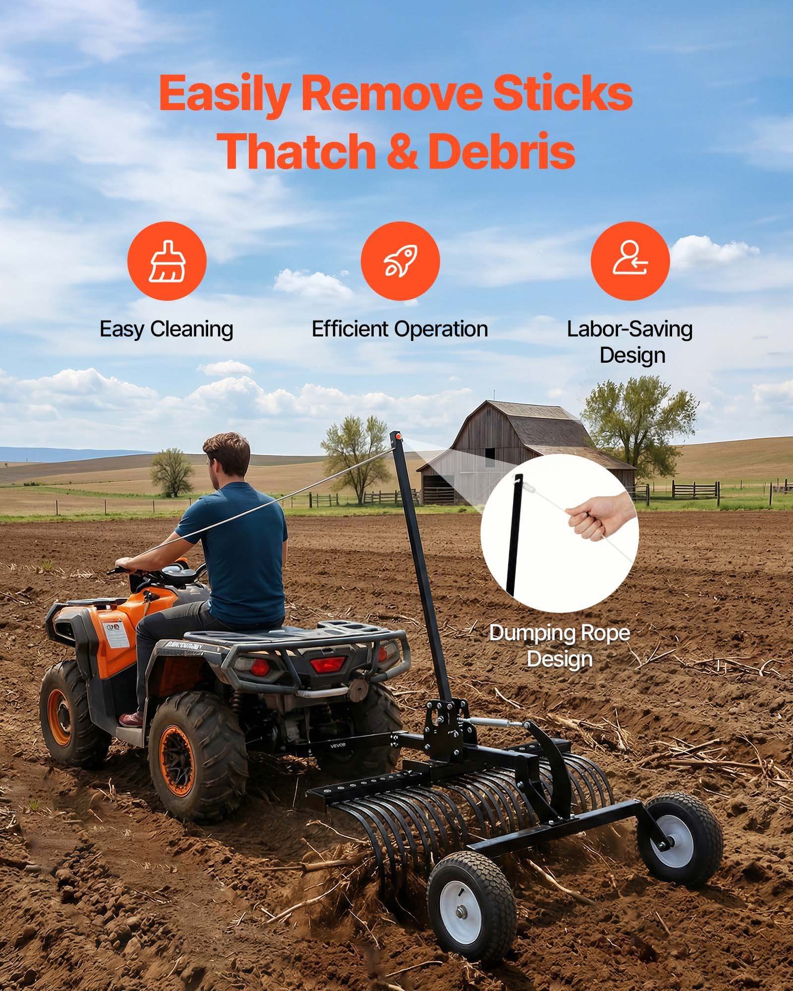 VEVOR gazonmaaier hooihark 1219 mm, hooihark met 24 tanden, aan te trekken gazonhark voor ATV-grasmaaiers en -tractoren, hoogte- en hoekverstelling, krachtige verticuteerder voor bladeren en ander vuil.