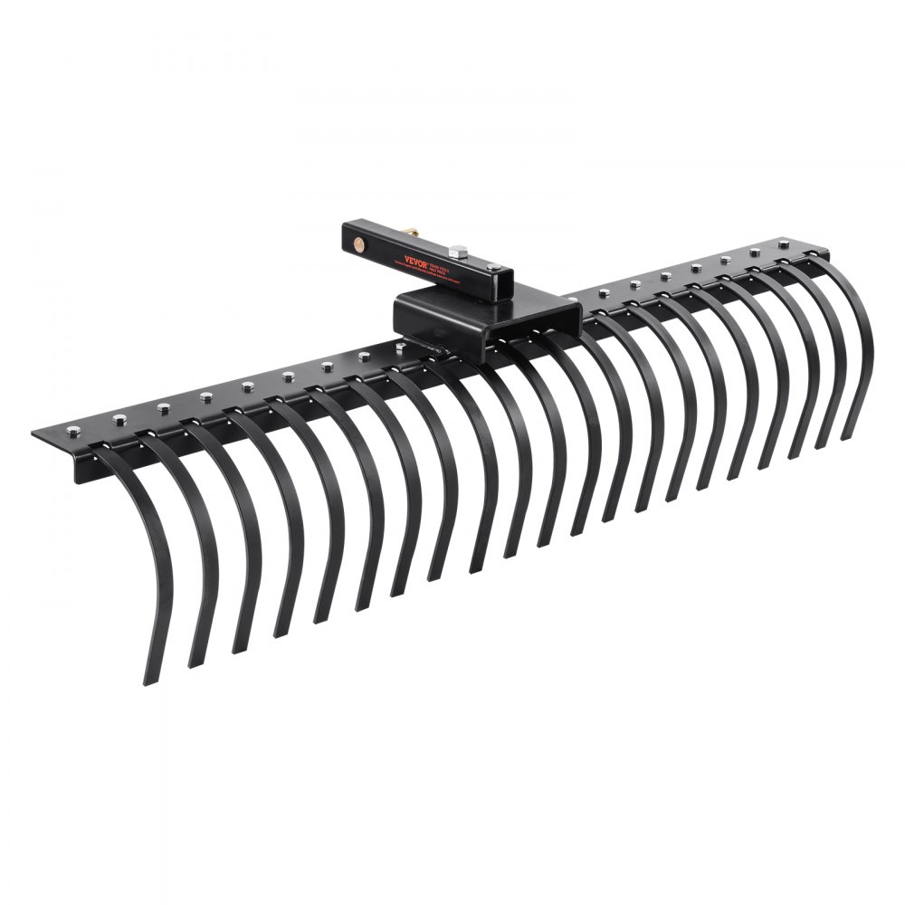 black VEVOR tow behind landscape rake with curved tines and mounting bracket on white background.