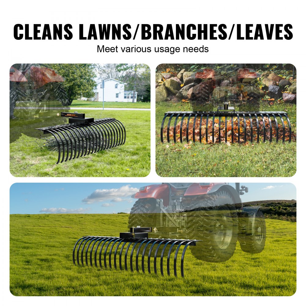 VEVOR Tow Behind Landscape Rake, 60" Tow Dethatcher with 21 Steel Coil Tines, Lawn Dethatcher Rake Attaches to 48" or 60" Toolbars and 3-point Suspension Systems, for Leaves, Pine Needles, and Grass
