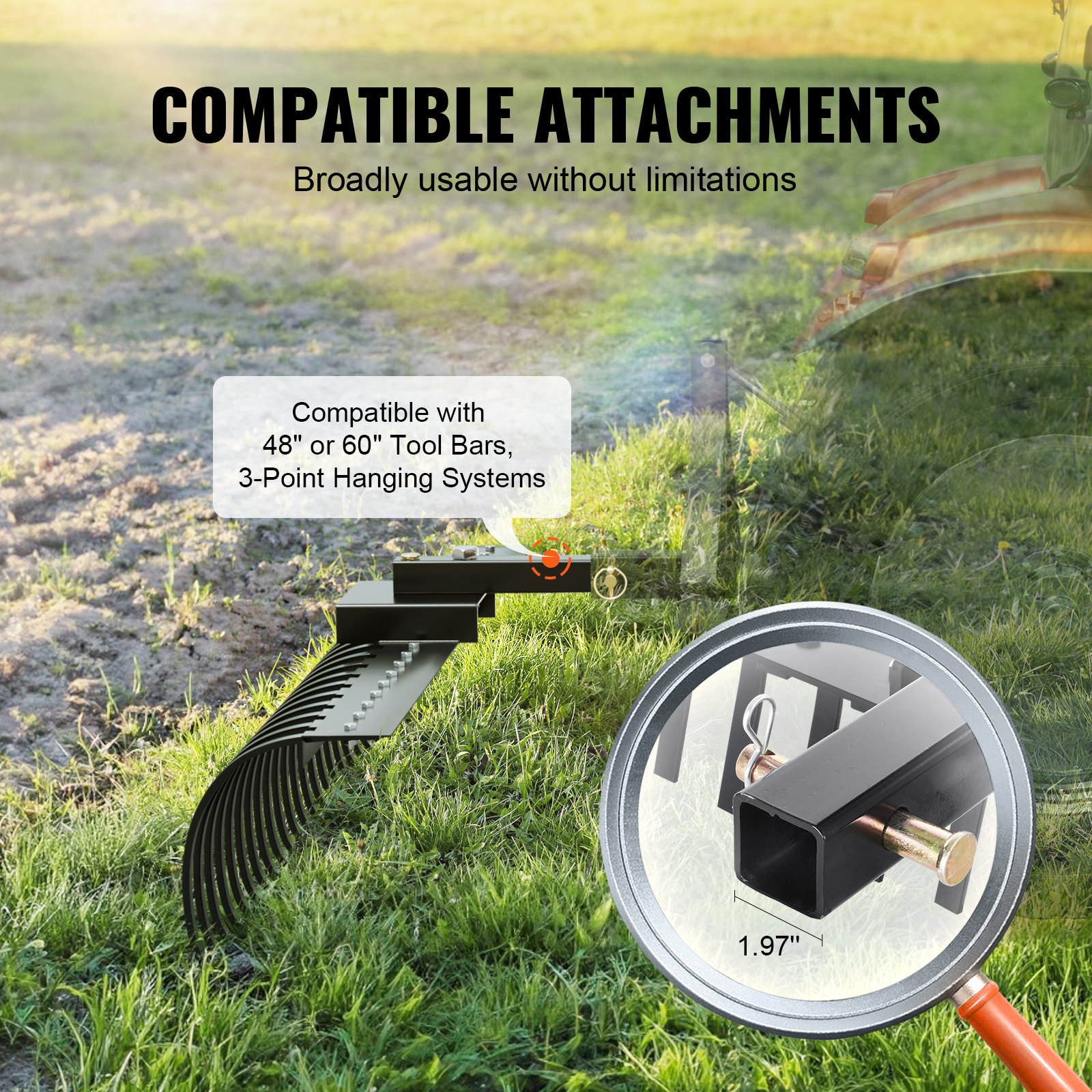 VEVOR Tow Behind Landscape Rake, 60" Tow Dethatcher with 21 Steel Coil Tines, Lawn Dethatcher Rake Attaches to 48" or 60" Toolbars and 3-point Suspension Systems, for Leaves, Pine Needles, and Grass