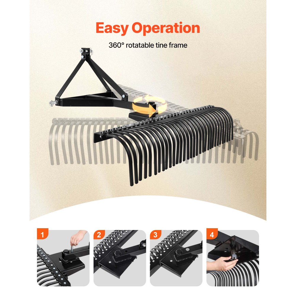 VEVOR Tow Behind Dethatcher, 1525mm Tow Dethatcher with 32 Steel Tines, 3-Point Lawn Dethatcher Rake with Attachments for Tractor, Landscape Rake for Garden, Farm, Grass