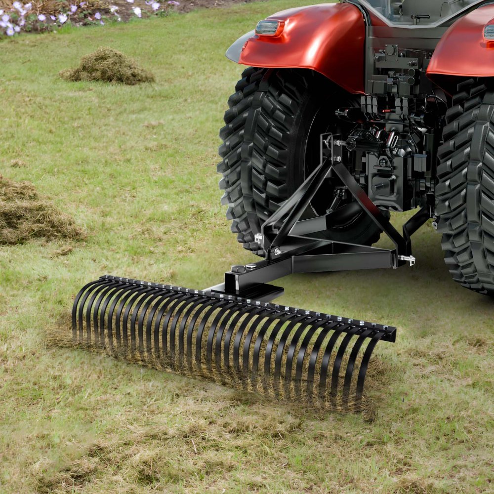 VEVOR Tow Behind Dethatcher, 1525mm Tow Dethatcher with 32 Steel Tines, 3-Point Lawn Dethatcher Rake with Attachments for Tractor, Landscape Rake for Garden, Farm, Grass