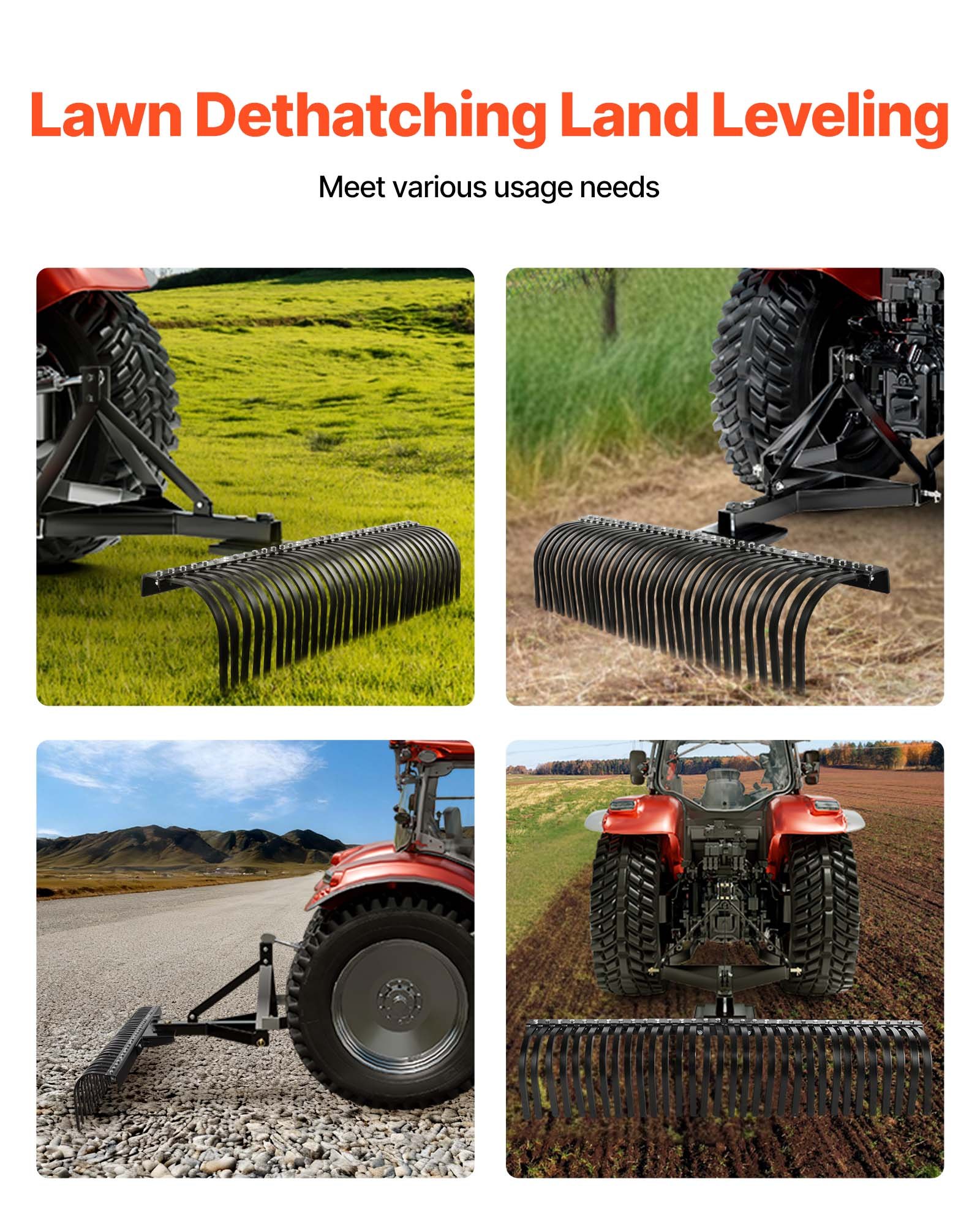 VEVOR Tow Behind Dethatcher, 1525mm Tow Dethatcher with 32 Steel Tines, 3-Point Lawn Dethatcher Rake with Attachments for Tractor, Landscape Rake for Garden, Farm, Grass