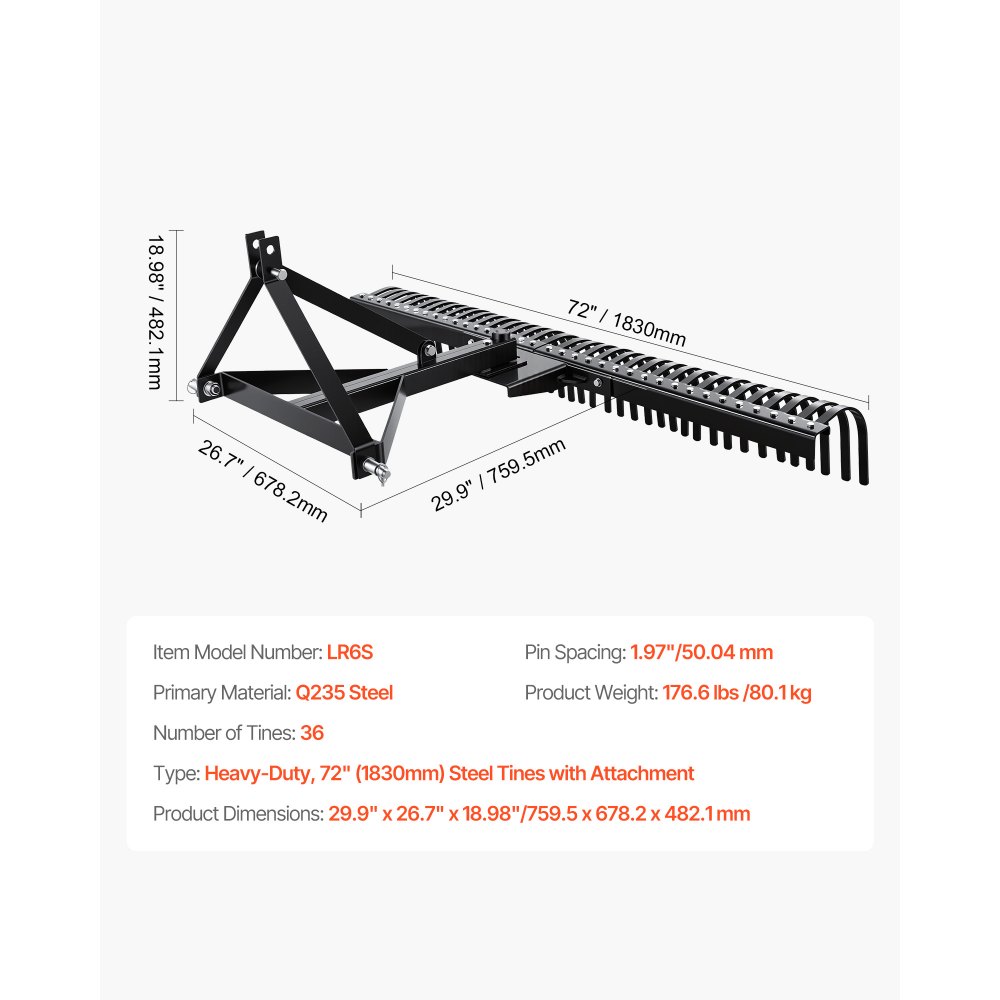 VEVOR Verticuteermachine, 1830 mm werkbreedte, gazontractorhark met 36 robuuste stalen tanden, tractorcompatibele tuinhark met driepuntsophanging, gazonbeluchter, ideaal voor bodembewerking en gazonverzorging