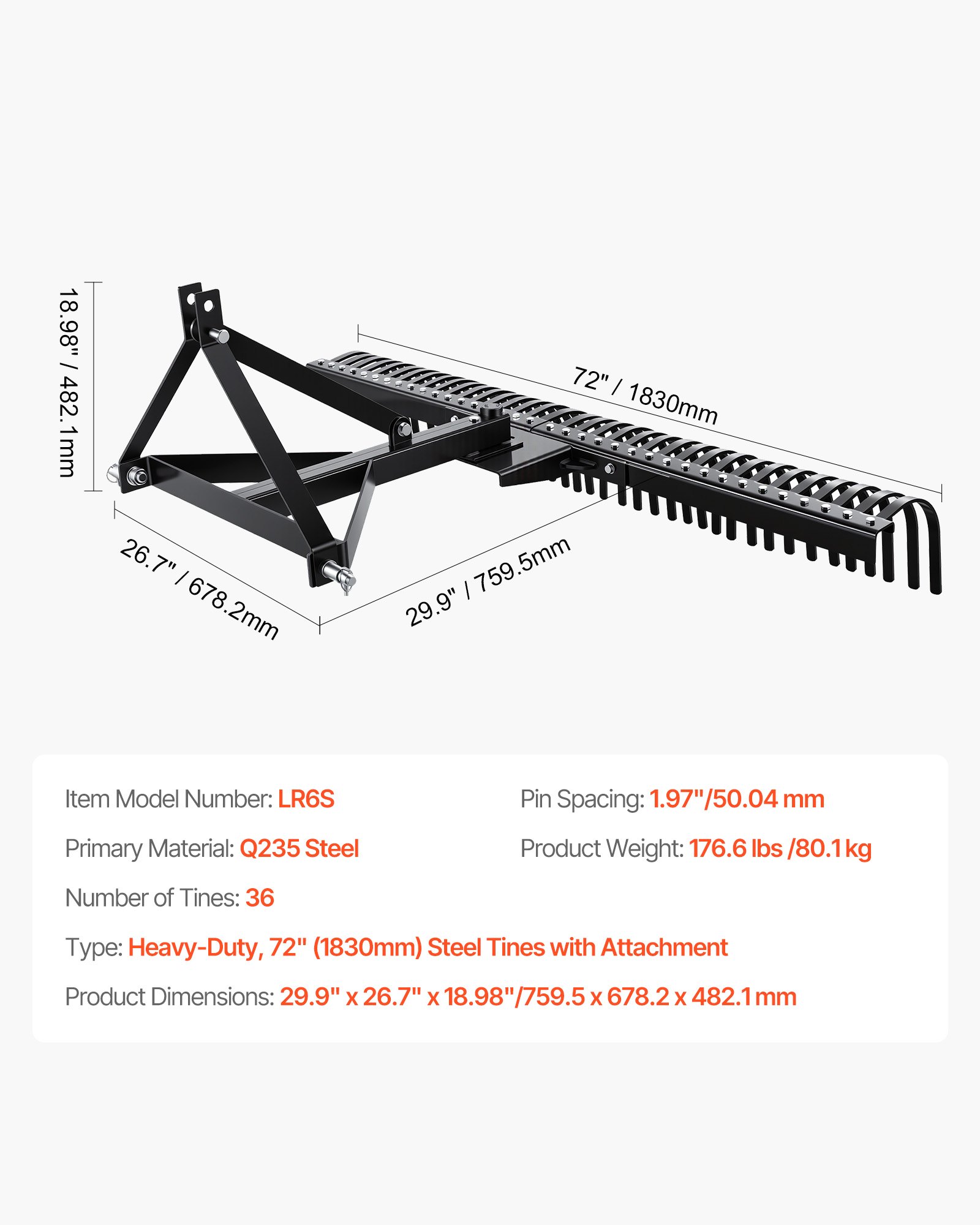 VEVOR Verticuteermachine, 1830 mm werkbreedte, gazontractorhark met 36 robuuste stalen tanden, tractorcompatibele tuinhark met driepuntsophanging, gazonbeluchter, ideaal voor bodembewerking en gazonverzorging