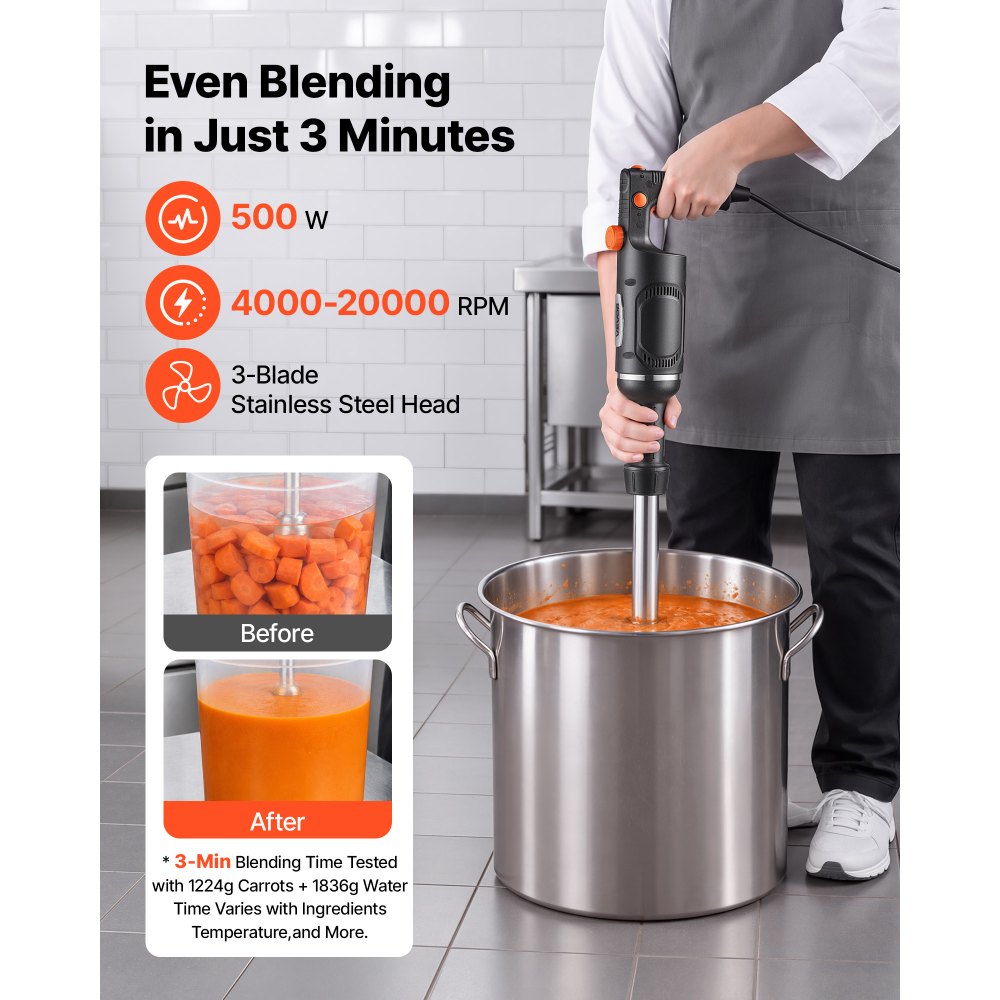 VEVOR elektrische staafmixer 500 W, 406 mm mengas, 4000–20000 tpm, handmixer voor soepen en sauzen, motor van puur koper, variabele snelheid, 3 roestvrijstalen messen, inclusief wandhouder.