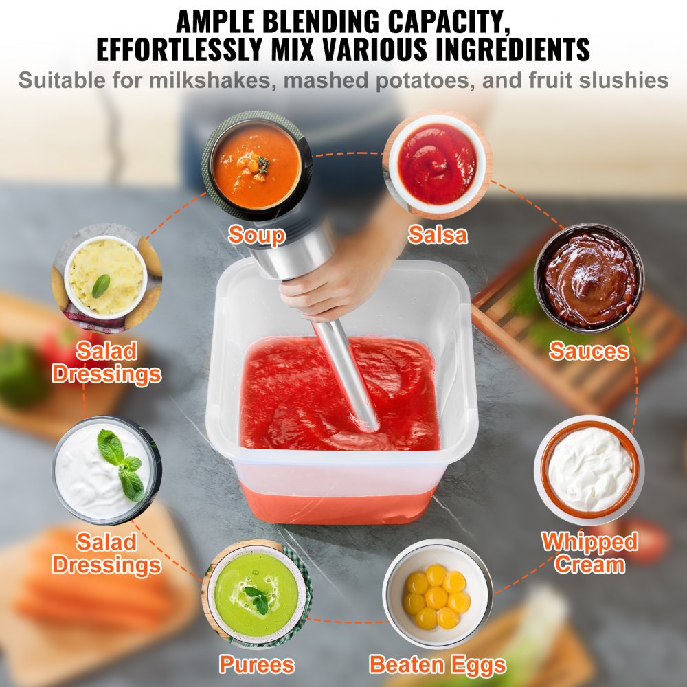 VEVOR Commercial Immersion Blender, 750 Watt Heavy Duty Hand Mixer, Variable Speed Kitchen Stick Mixer with 304 Stainless Steel Blade, Multi-Purpose Portable Mixer for Soup, Smoothie, Puree, Baby Food