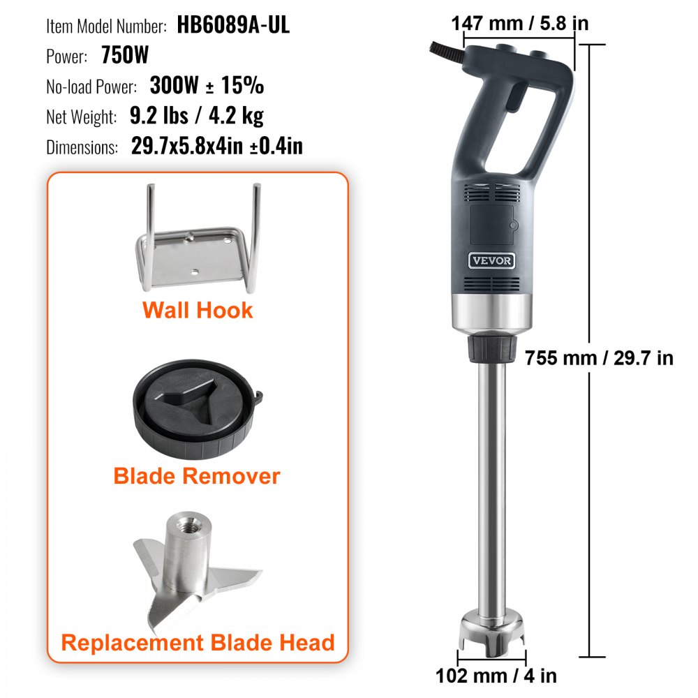 VEVOR Commercial Immersion Blender, 750 Watt Heavy Duty Hand Mixer, Variable Speed Kitchen Stick Mixer with 304 Stainless Steel Blade, Multi-Purpose Portable Mixer for Soup, Smoothie, Puree, Baby Food
