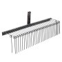 black VEVOR tow behind landscape rake with a sturdy metal frame and multiple curved tines for landscaping.