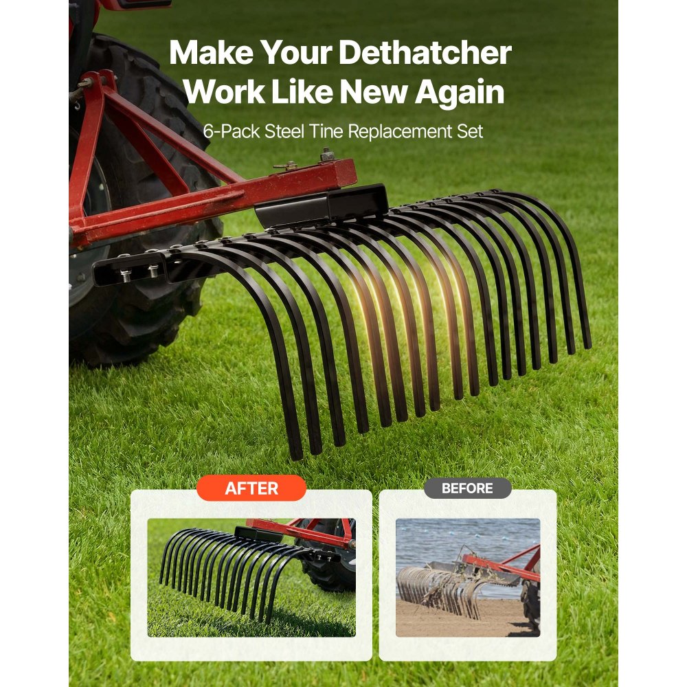 VEVOR Vervangende tanden voor hooihark van gazontractor, set van 6, boutbevestiging, steenharktanden, 11 mm boutgat, hoogwaardig en hittebehandeld staal, harktanden, reserveonderdelen voor hooiharken