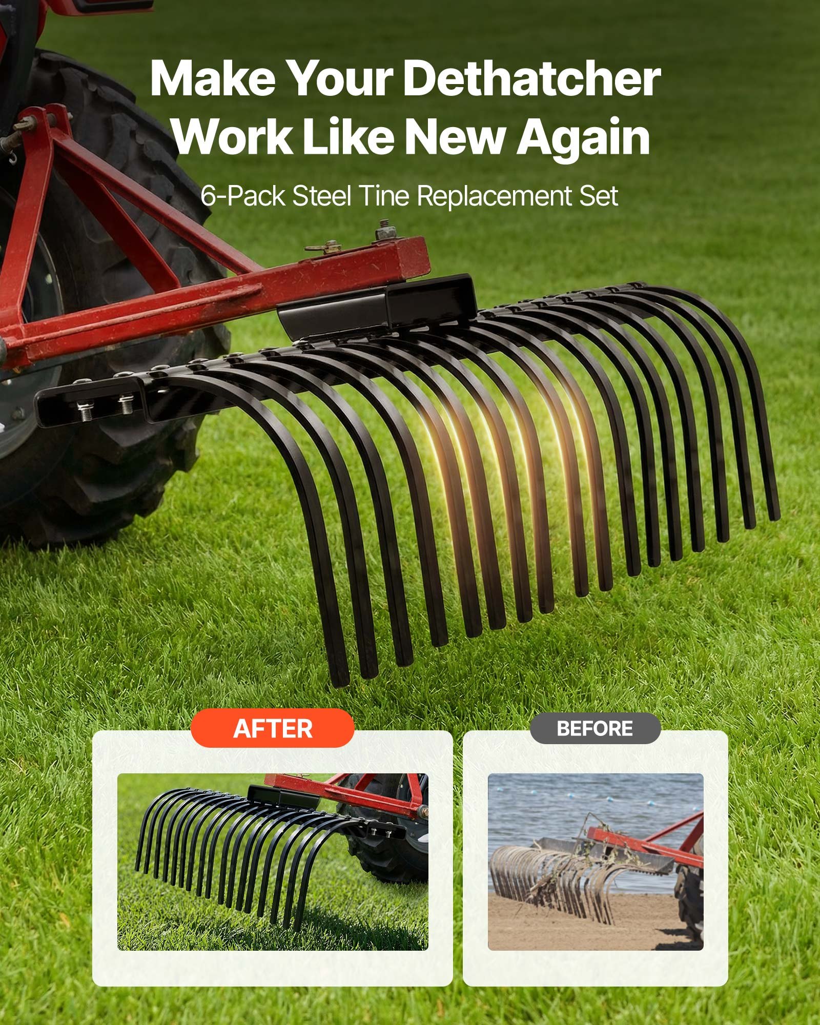 VEVOR Vervangende tanden voor hooihark van gazontractor, set van 6, boutbevestiging, steenharktanden, 11 mm boutgat, hoogwaardig en hittebehandeld staal, harktanden, reserveonderdelen voor hooiharken