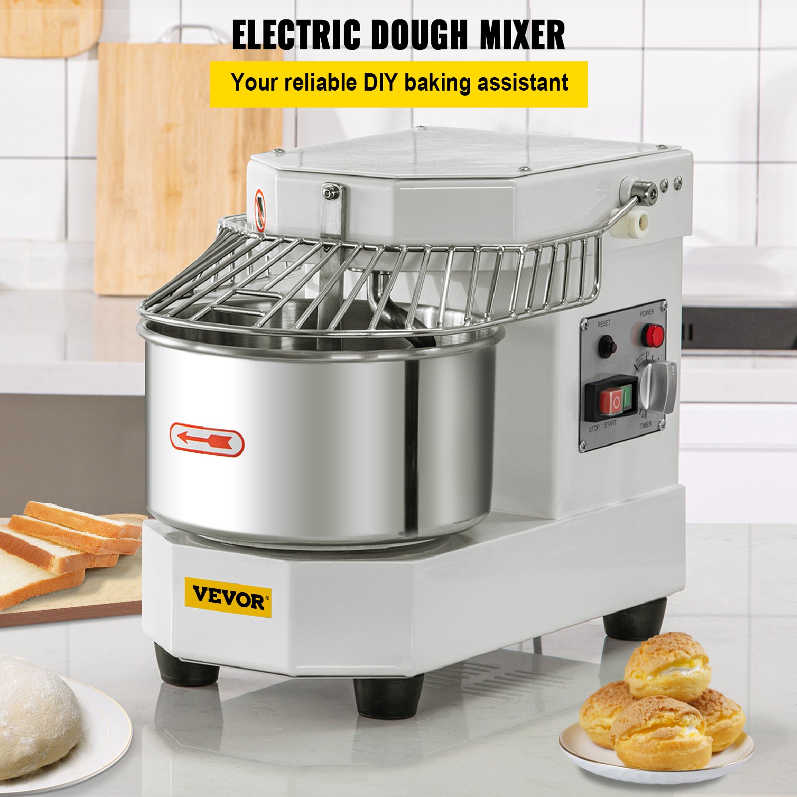 VEVOR Commercial Food Mixer, 7.3Qt Capacity, 450W Dual Rotating Dough Kneading Machine with Food-grade Stainless Steel Bowl, Security Shield & Timer Included, Baking Equipment for Restaurant Pizzeria