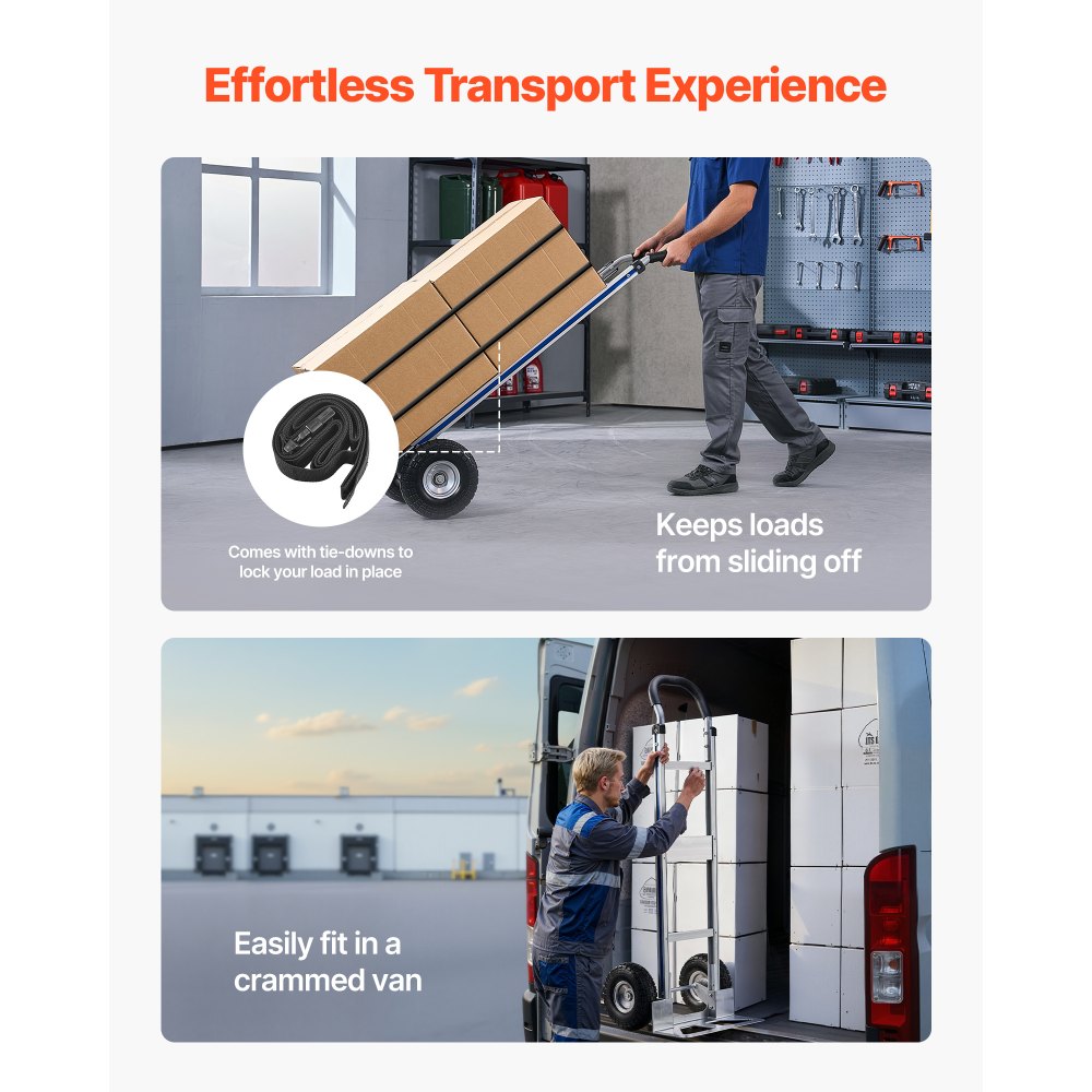 VEVOR Steekwagen, 227 kg laadvermogen, zware transportwagen met handvat, steekwagen van aluminiumlegering met spanband, stapelwagen voor verhuizing naar huis, kantoor of magazijn, 480x500x1340 mm