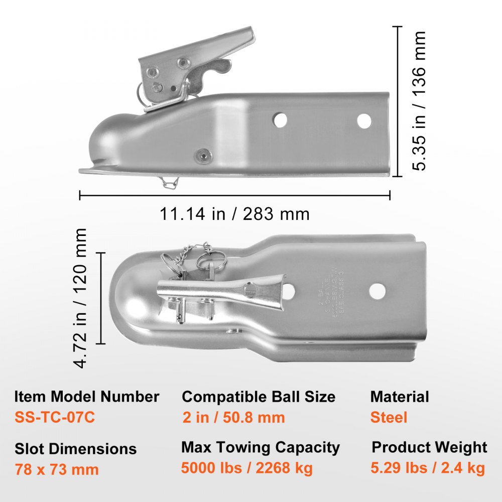 VEVOR Straight Trailer Coupler, for 2-Inch Hitch Ball, 3-Inch Channel, 5000 lbs Capacity, Heavy Duty Trailer Tongue Coupler, Ideal for Towing Station Wagons, Pickup Trucks, SUVs, Zinc Plated Surface