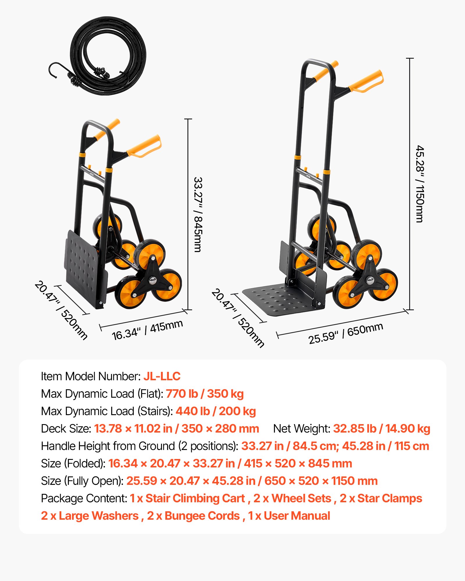 VEVOR Opvouwbare trapbeklimwagen, 200 kg draagvermogen, trapbeklimwagen met 6 wielen en 2 spanbanden, transportkar, trapbeklimwagen, stapelbare handkar, ideaal voor huishoudelijk gebruik, boodschappen doen en magazijnen.