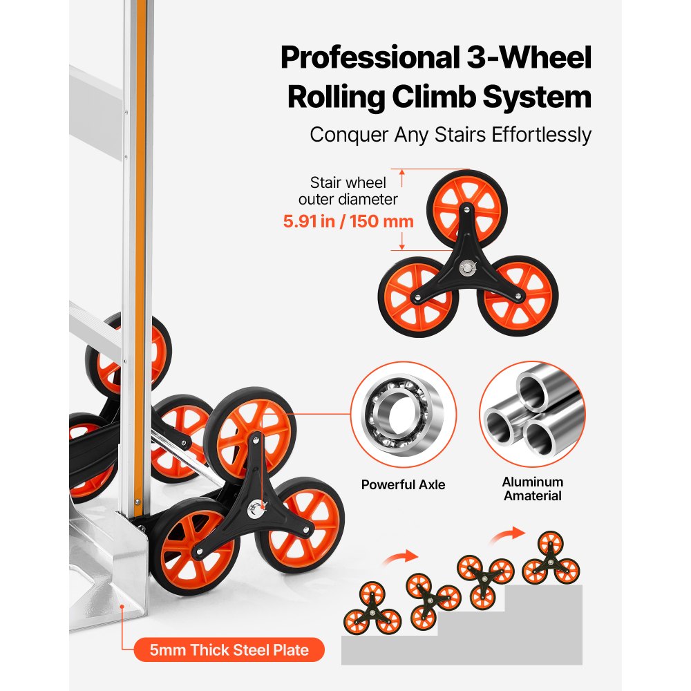VEVOR opvouwbare trapklimwagen, 150 kg draagvermogen, trapklimwagen van aluminiumlegering met telescopische handgreep, 6 wielen en 2 spanbanden, stapelbare handkar voor huishoudelijk gebruik, boodschappen en opslag